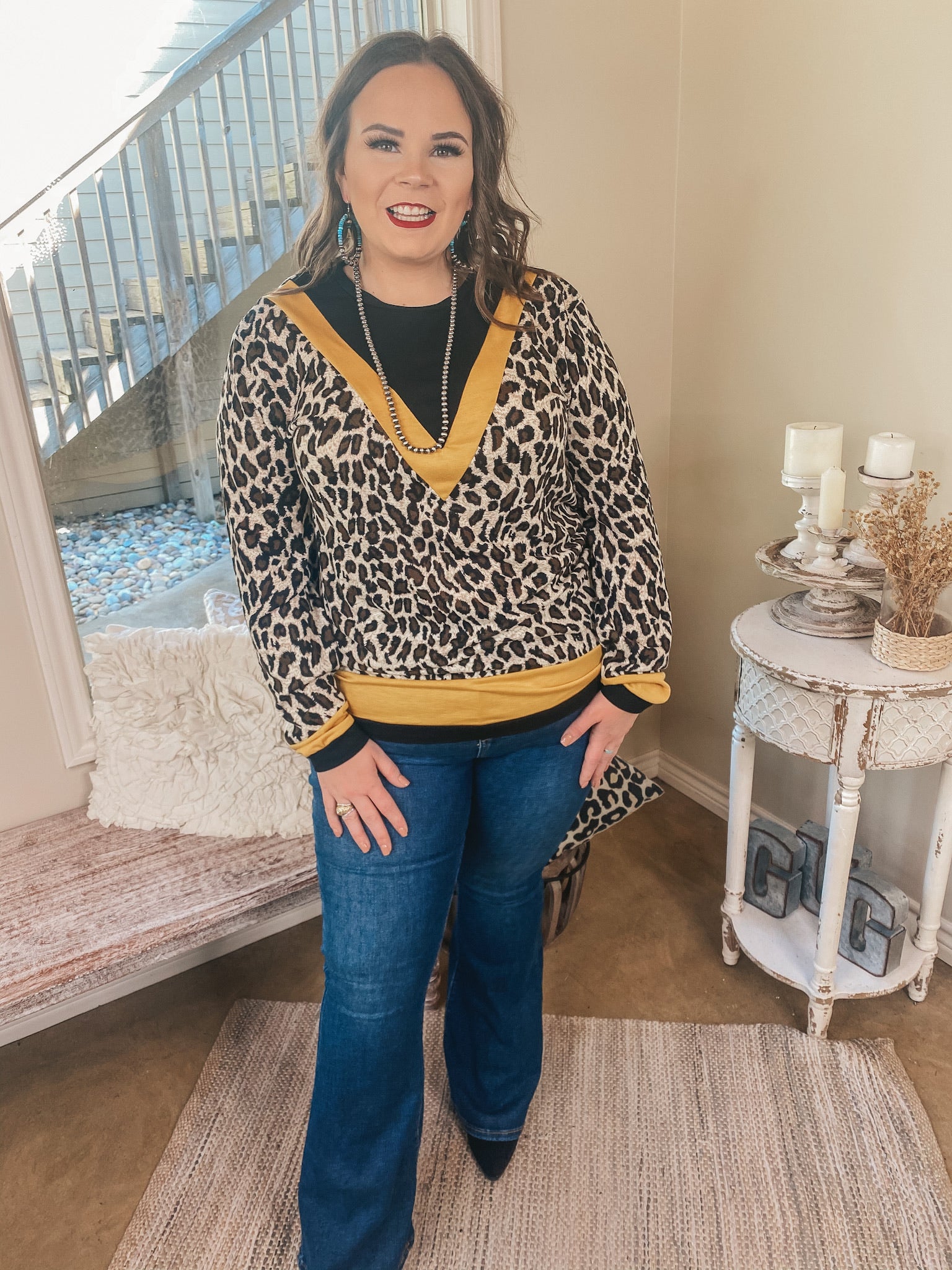 A Wild Mindset Leopard and Black Color Block Top with Yellow Trim - Giddy Up Glamour Boutique