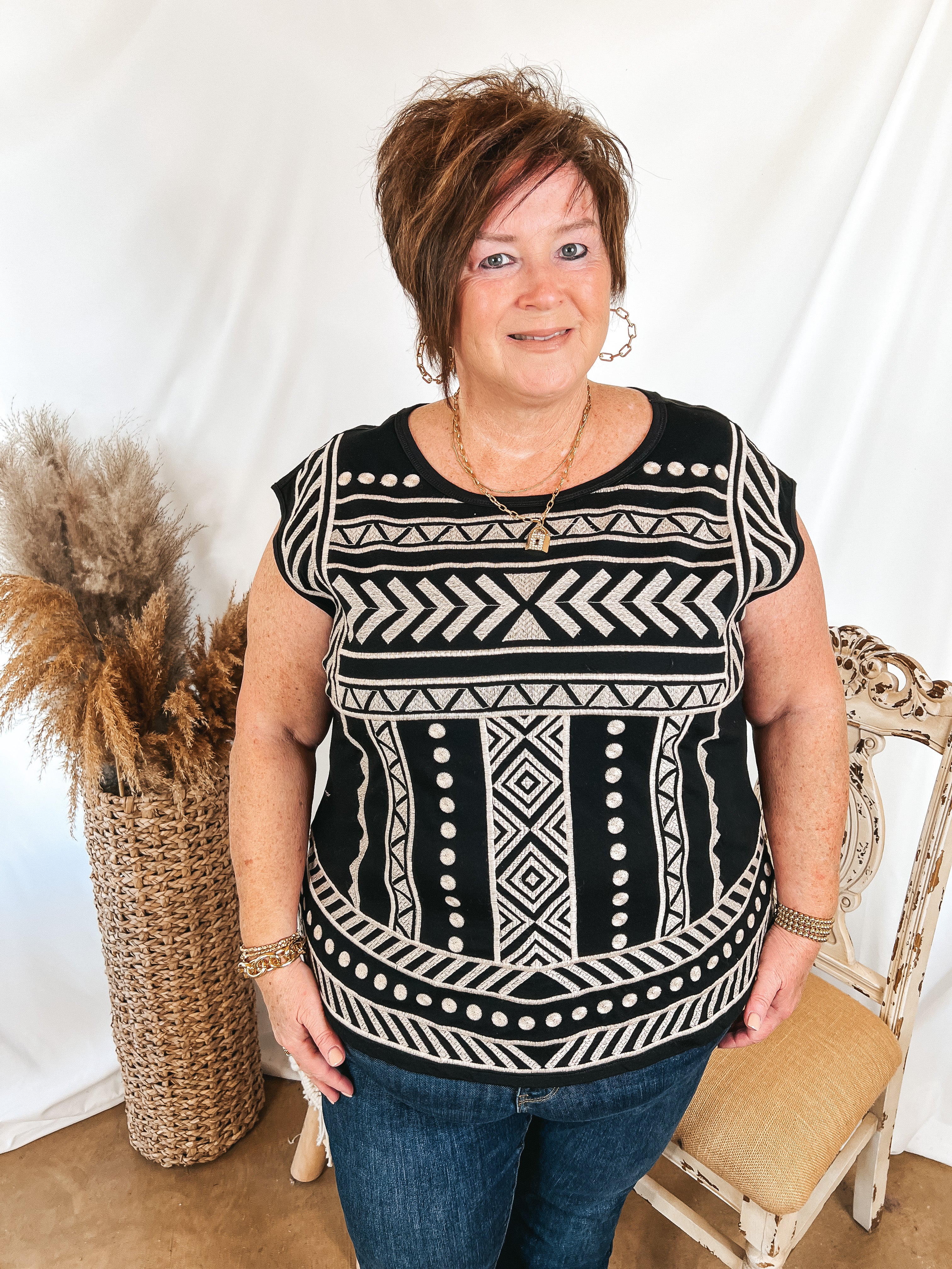 Call To You Ivory Pattern Embroidered Cap Sleeve Top in Black - Giddy Up Glamour Boutique