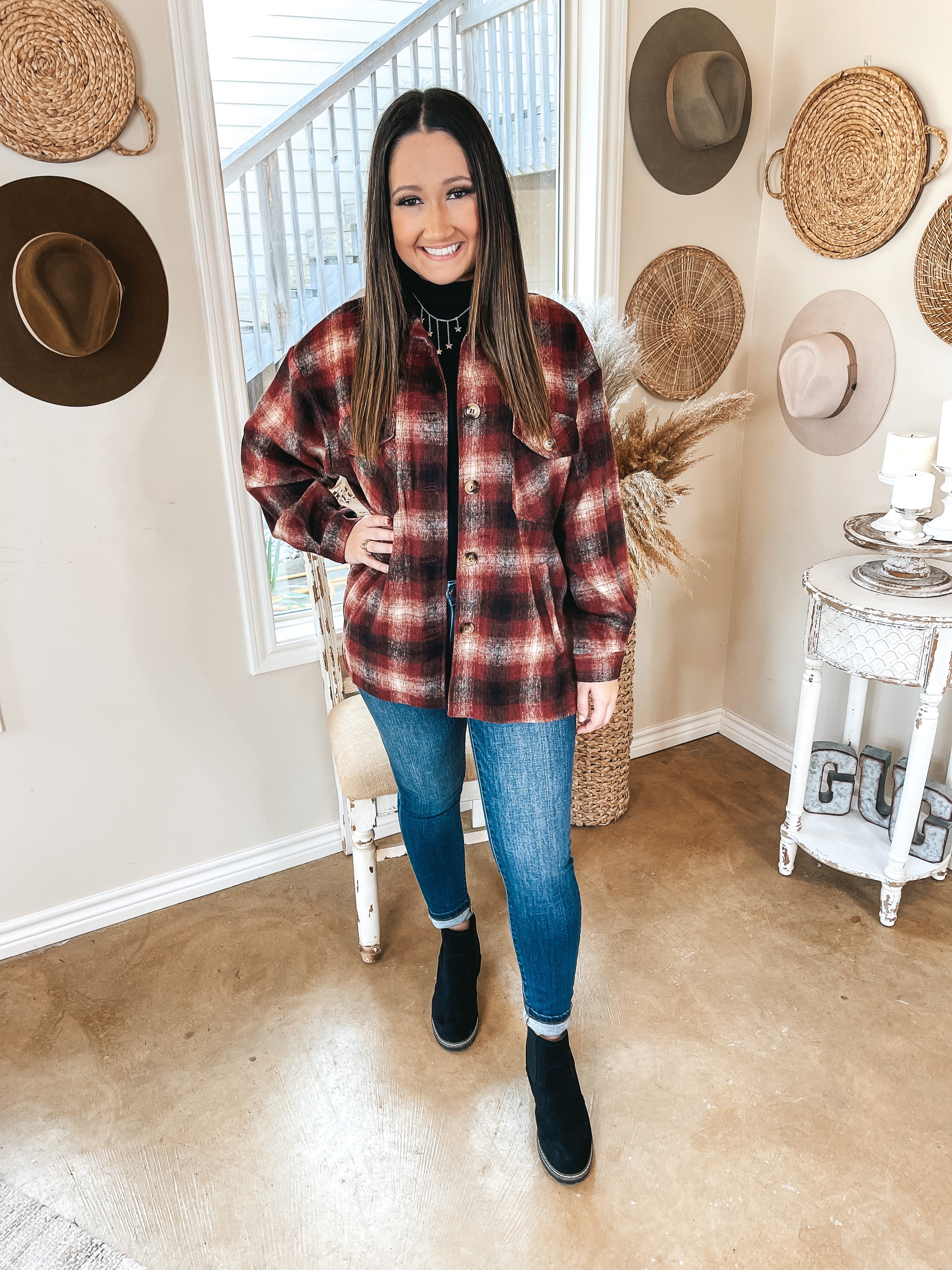 Original Idea Plaid Button Up Shacket in Maroon - Giddy Up Glamour Boutique