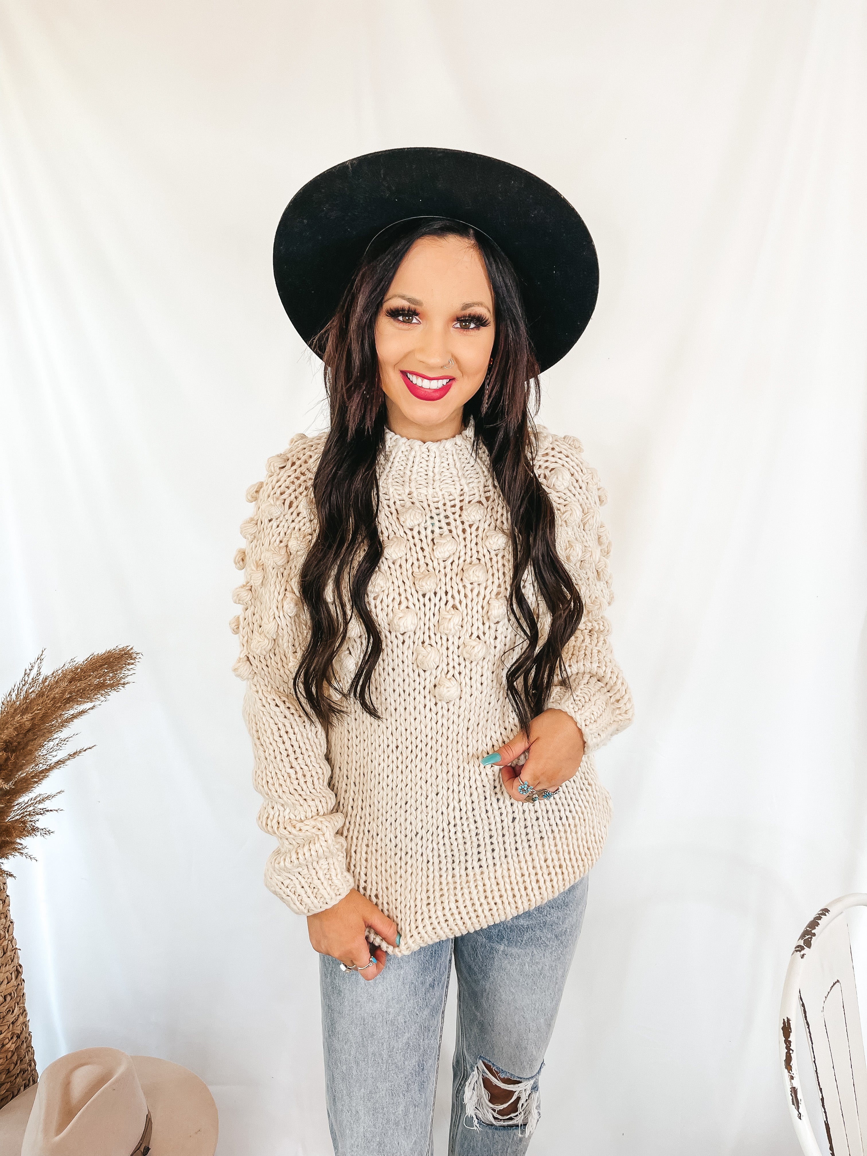 Puff of Magic High Neck Sweater with Pom-Pom Upper in Ivory - Giddy Up Glamour Boutique
