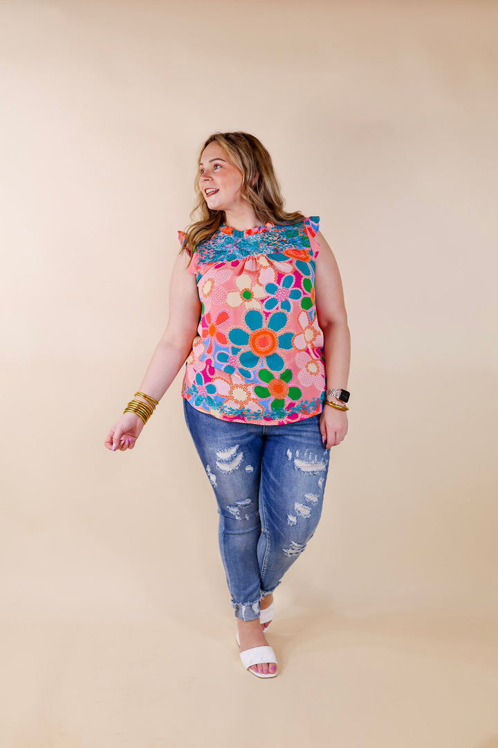 Timeless Treasure Floral Print Top with Ruffle Cap Sleeves and Turquoise Embroidery in Coral Pink - Giddy Up Glamour Boutique