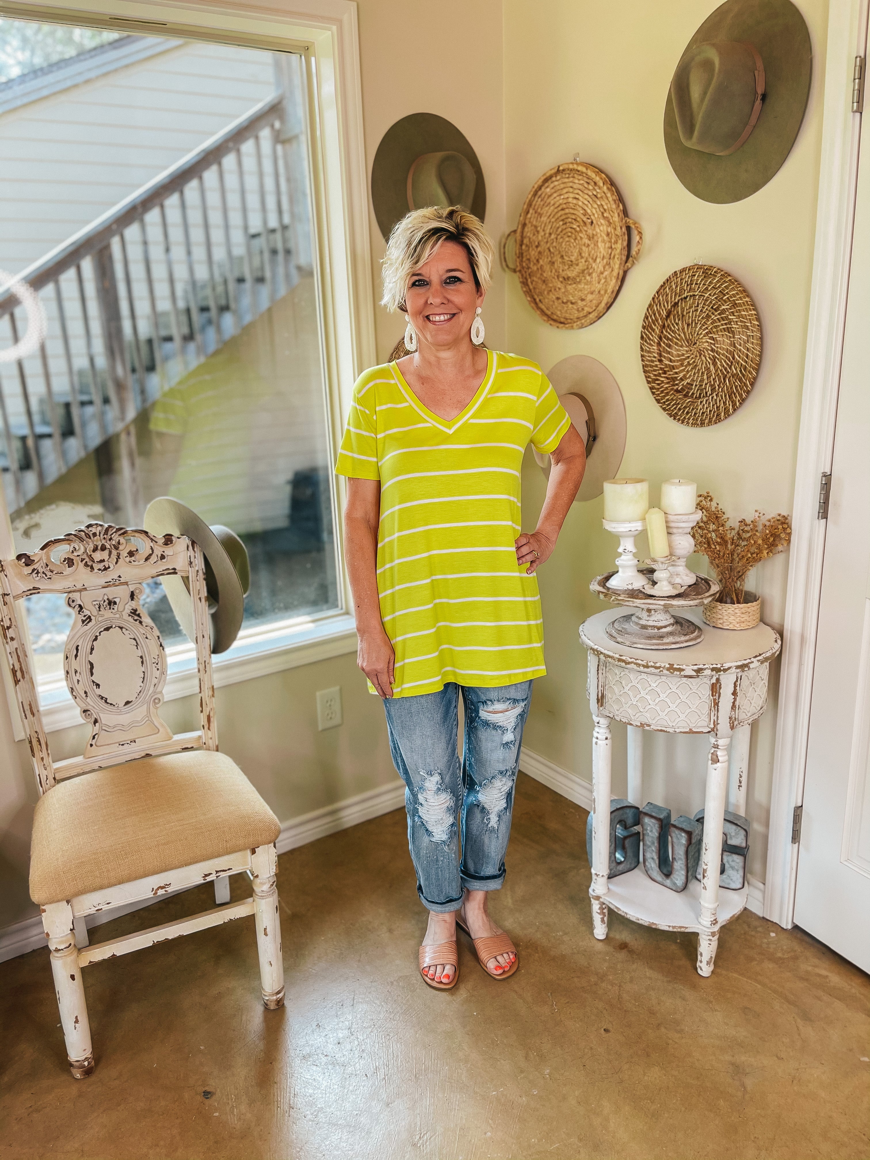 Keep Things Casual Striped V Neck Tee in Yellow - Giddy Up Glamour Boutique
