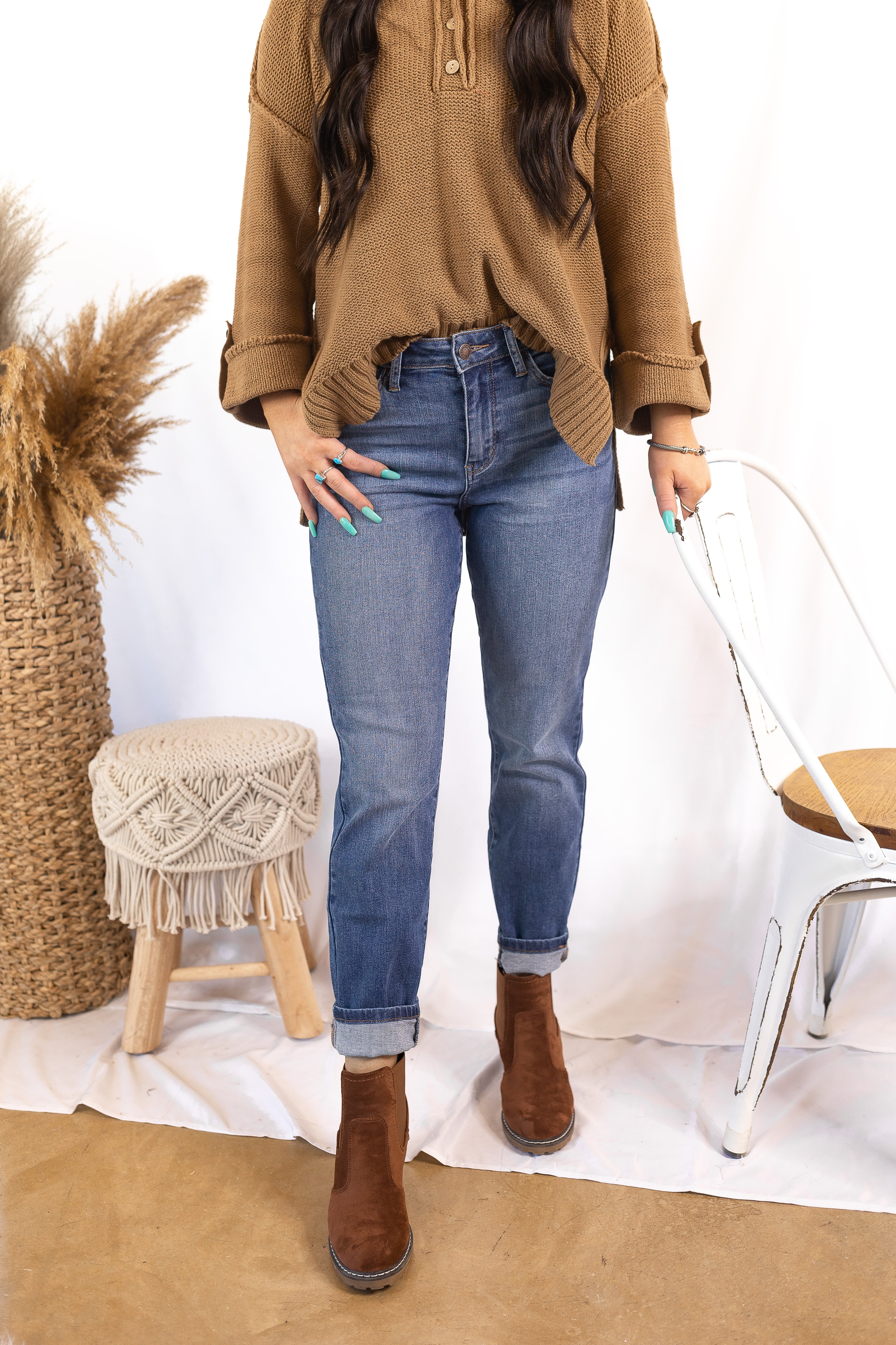 Vervet | Living the Good Life Cuffed Boyfriend Jeans in Medium Wash - Giddy Up Glamour Boutique