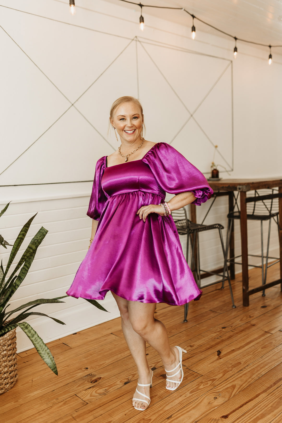 Feeling Fine Satin Babydoll Dress with 3/4 Sleeves in Magenta - Giddy Up Glamour Boutique
