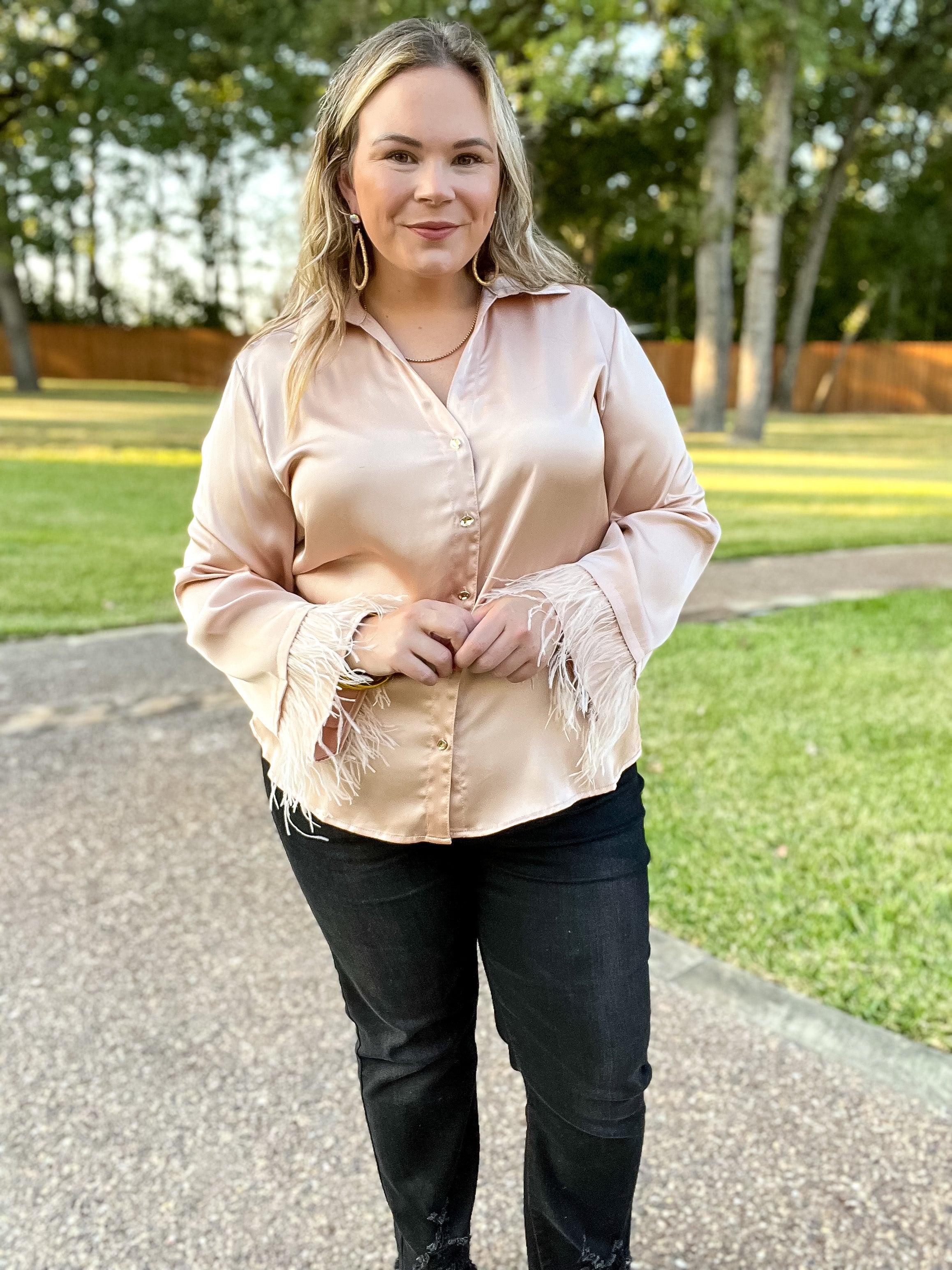 Take a Chance Satin Button Up Top with Feather Trim Long Sleeves in Champagne - Giddy Up Glamour Boutique