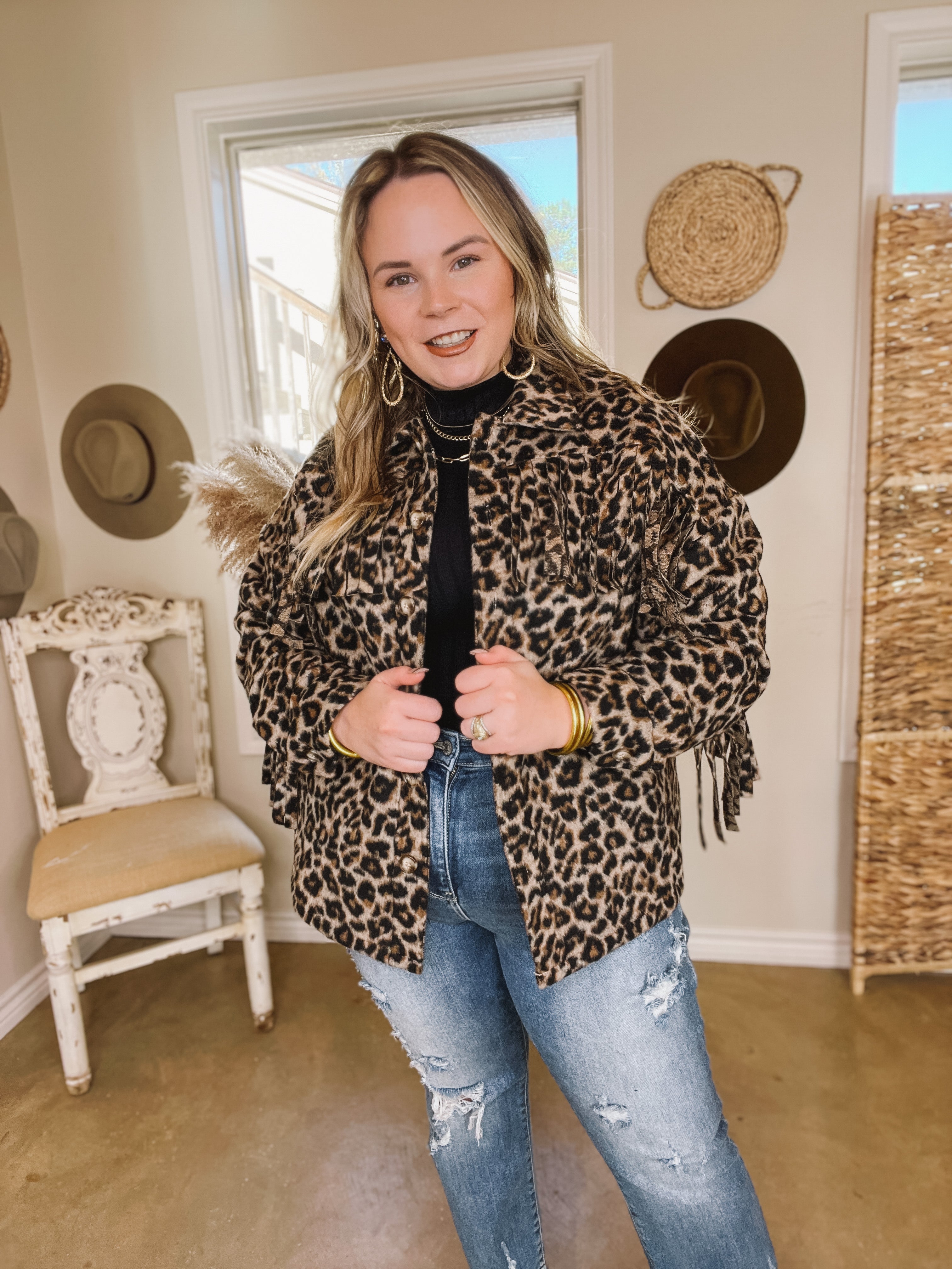 Take Over Leopard Print Button Up Jacket with Fringe in Brown - Giddy Up Glamour Boutique