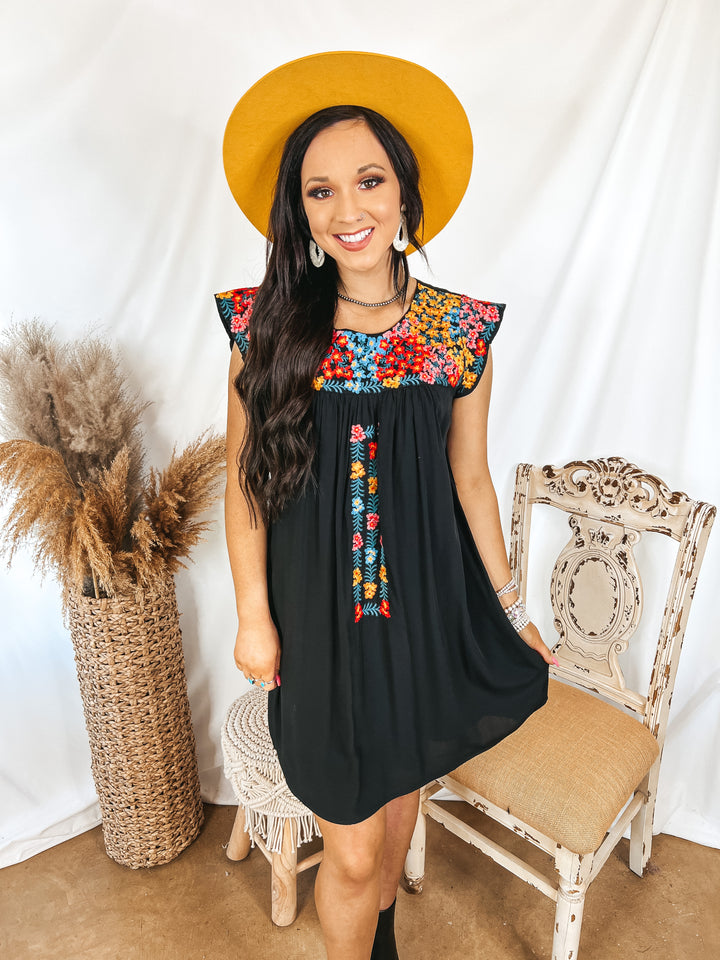 Headed For Happy Floral Embroidered Cap Sleeve Dress in Black - Giddy Up Glamour Boutique