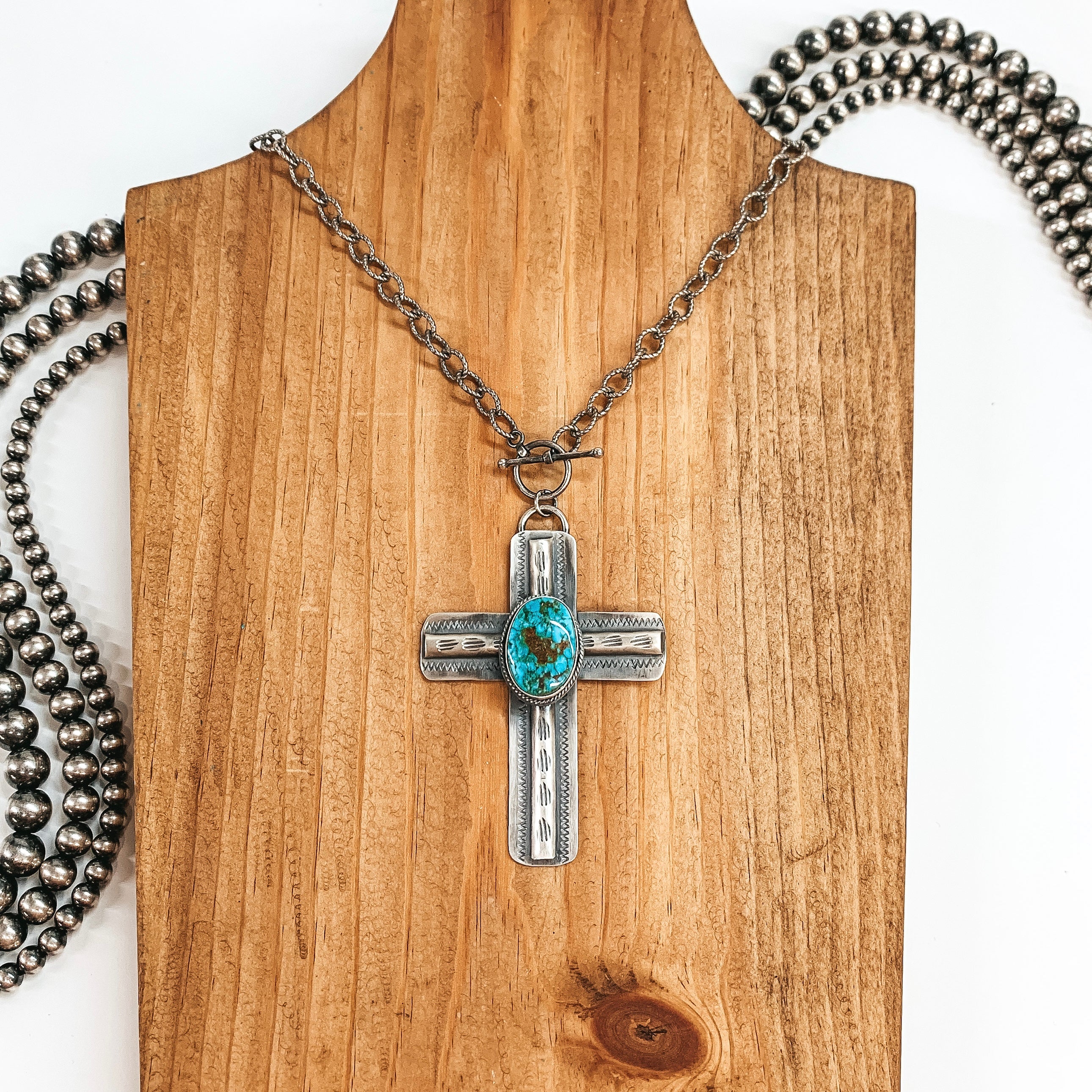 BS | Navajo Handmade Sterling Silver Chain Necklace and Cross Pendant with Turquoise Stone with Etched Detailing - Giddy Up Glamour Boutique