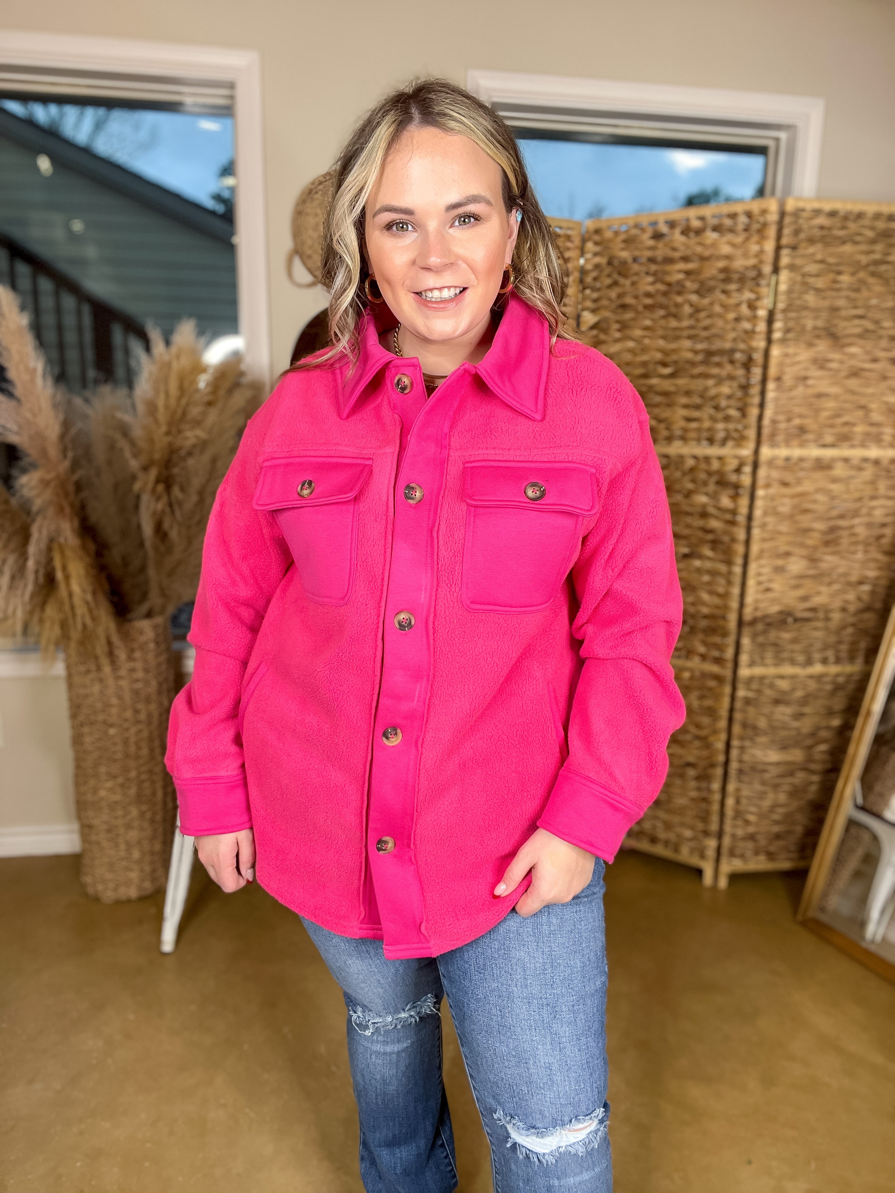 Hollywood Hike Button Up Fleece Jacket with Pockets in Hot Pink - Giddy Up Glamour Boutique