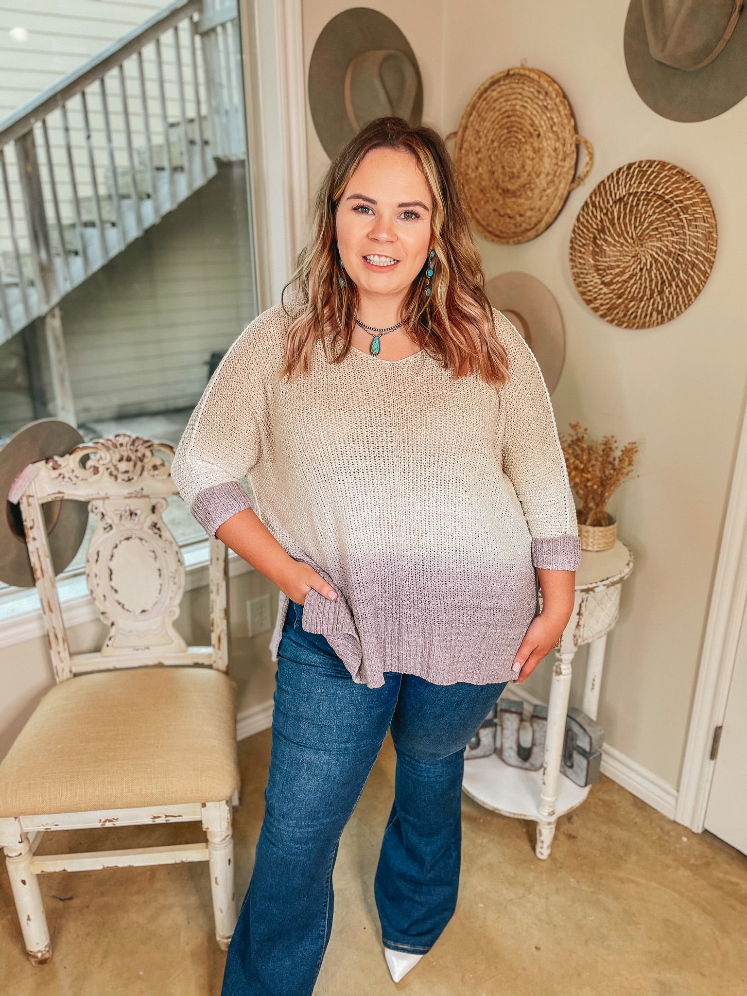 With All My Heart Oversized Knit Ombre Sweater in Mocha, Ivory, and Purple - Giddy Up Glamour Boutique