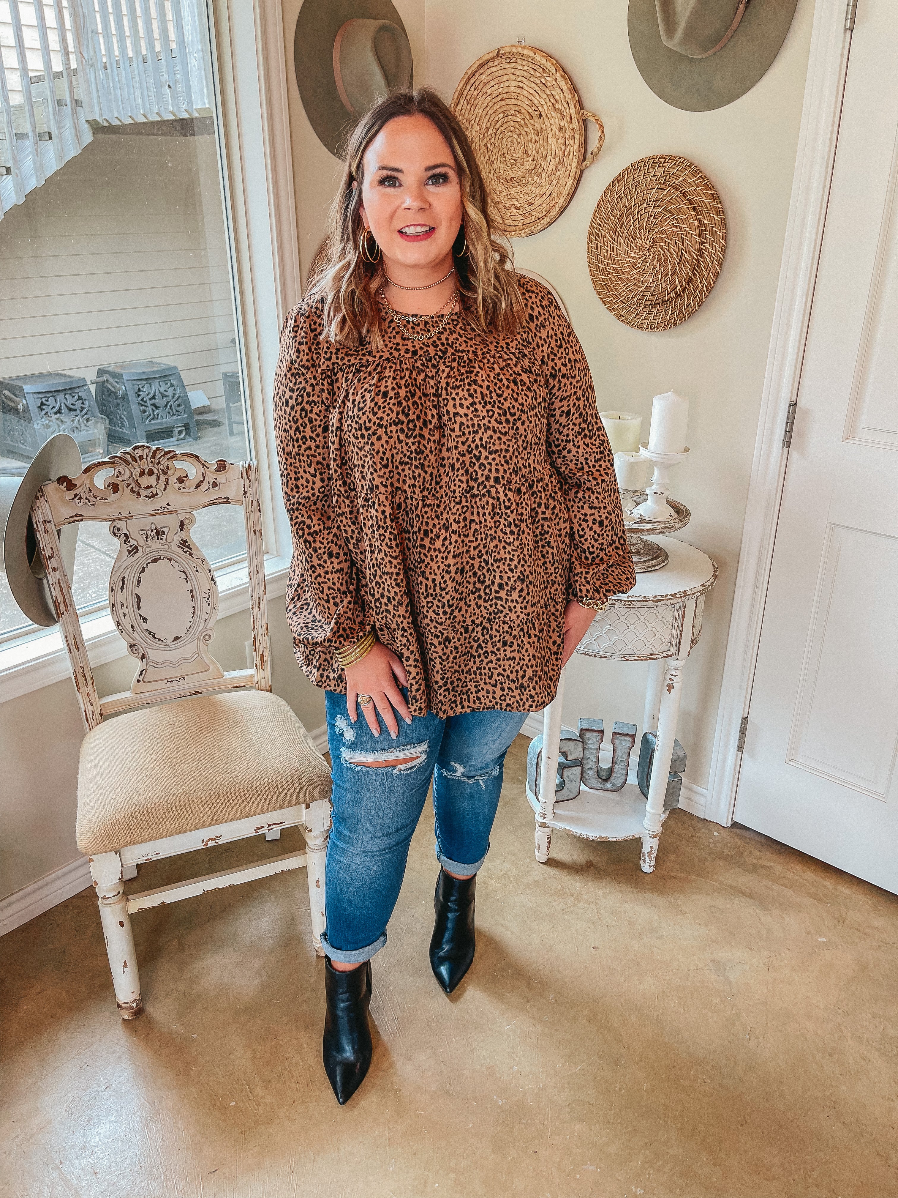 Tell Me Your Dreams Long Sleeve Tiered Leopard Blouse in Brown - Giddy Up Glamour Boutique