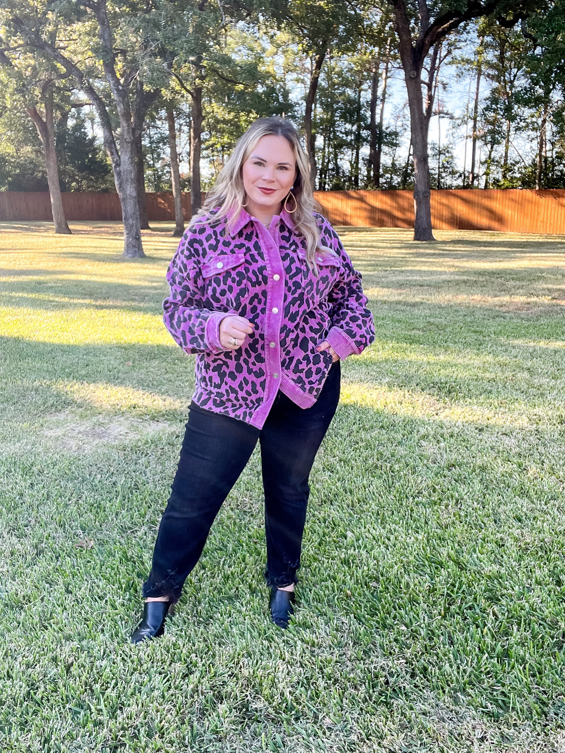 Quick To Cuddle Leopard Print Corduroy Jacket in Purple - Giddy Up Glamour Boutique