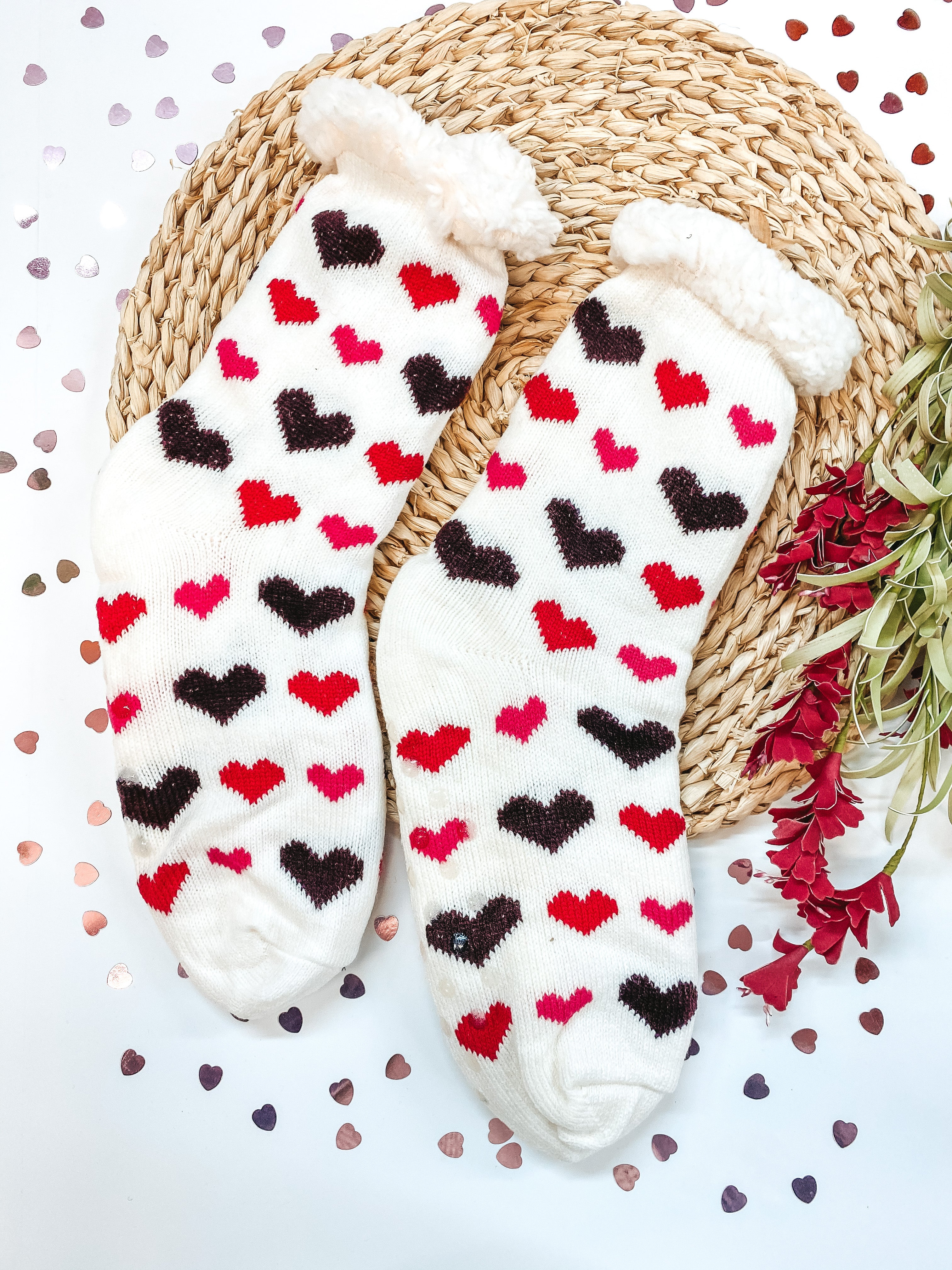 Valentine's Socks | Adult Love You Heart Sherpa Socks in White - Giddy Up Glamour Boutique