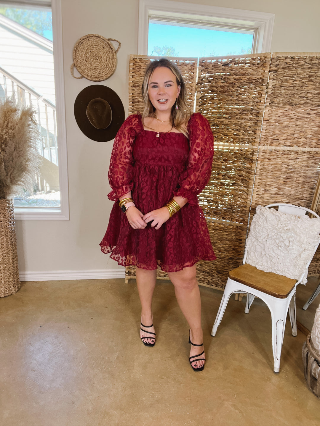 Whirl The Night Away Sheer Leopard Print Dress with 3/4 Sleeves in Maroon - Giddy Up Glamour Boutique