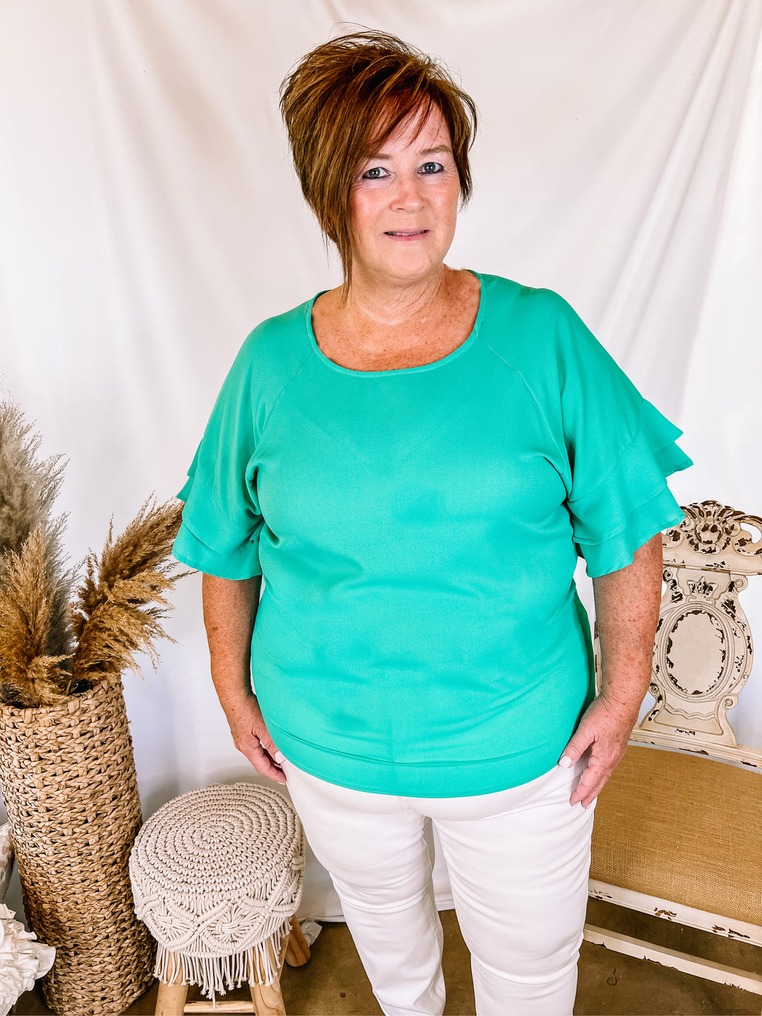Basic Needs Ruffle Sleeve Top in Mint Green - Giddy Up Glamour Boutique