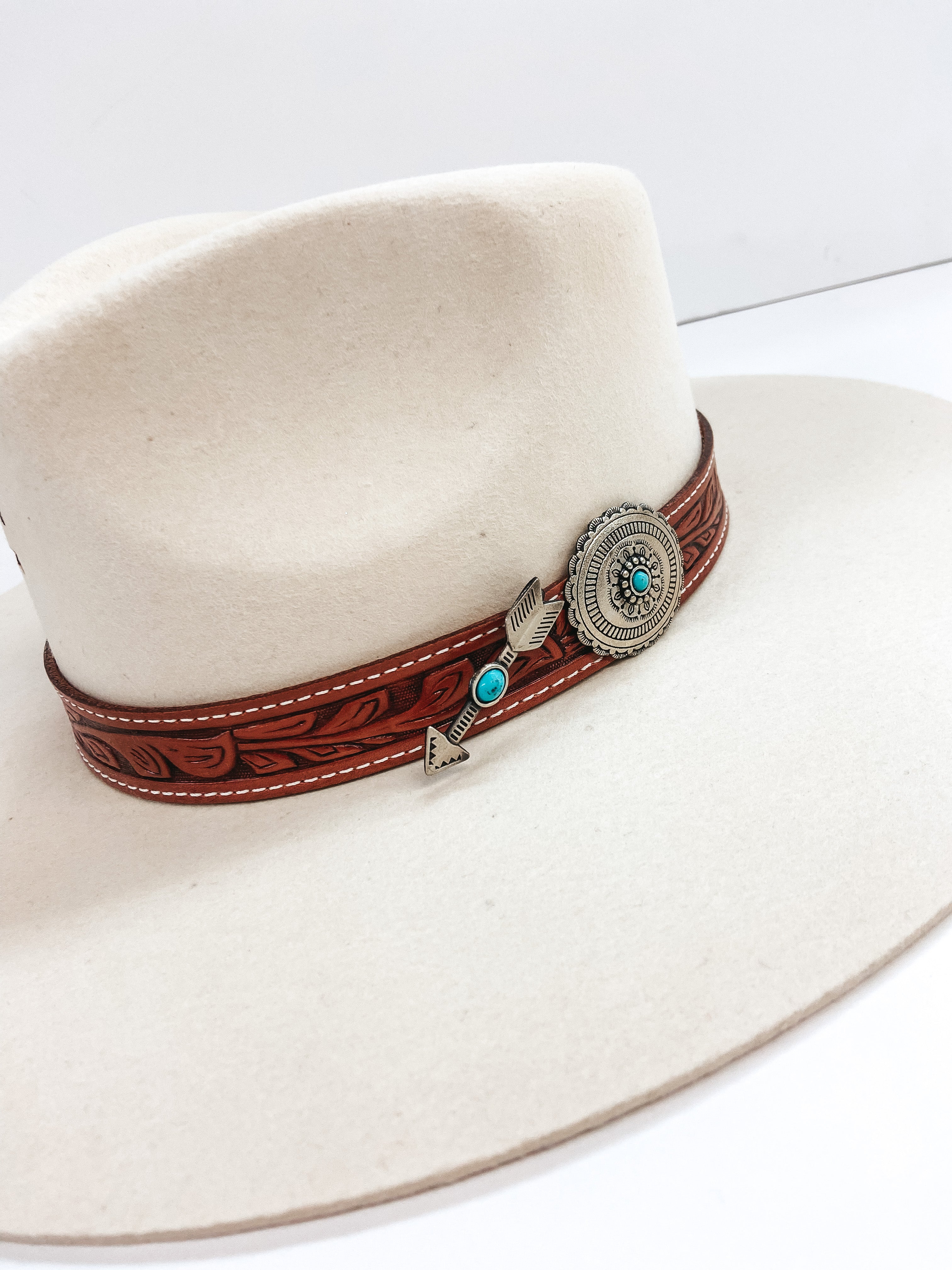 Charlie 1 Horse | White Sands Wool Felt Hat with Leather Tooled Band and Silver Concho in Ivory - Giddy Up Glamour Boutique