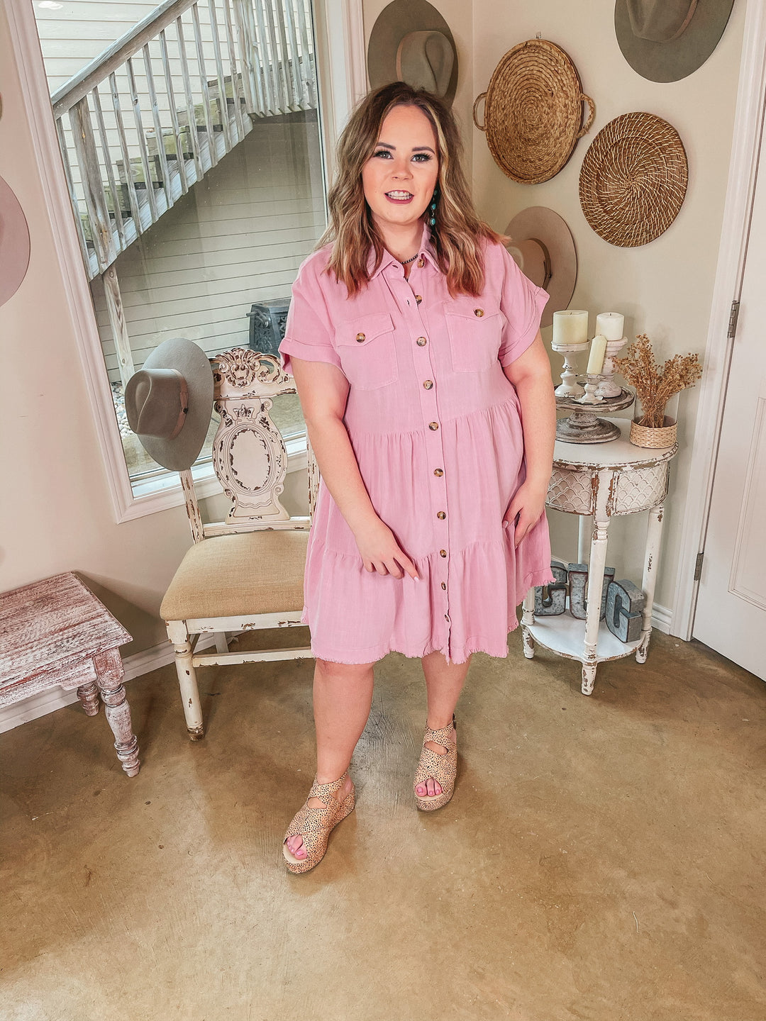 Oh Darling Ruffle Tiered Button Up Dress in Pink - Giddy Up Glamour Boutique