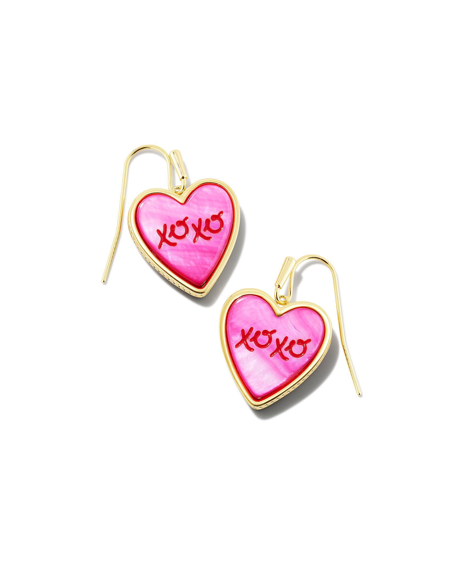 Kendra Scott | XOXO Heart Gold Drop Earrings in Hot Pink Mother of Pearl - Giddy Up Glamour Boutique