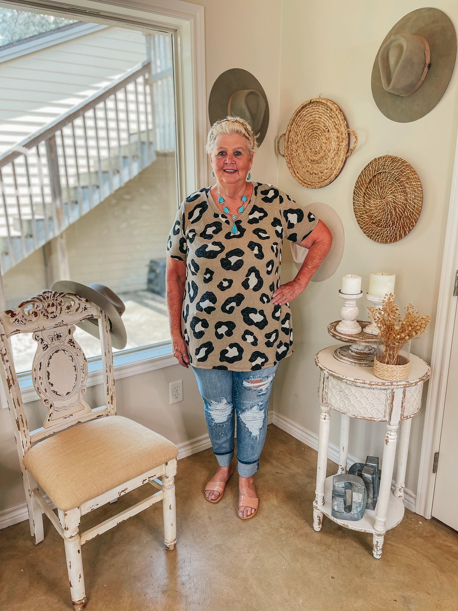 Keep Things Simple Large Leopard V Neck Tee Shirt in Taupe - Giddy Up Glamour Boutique