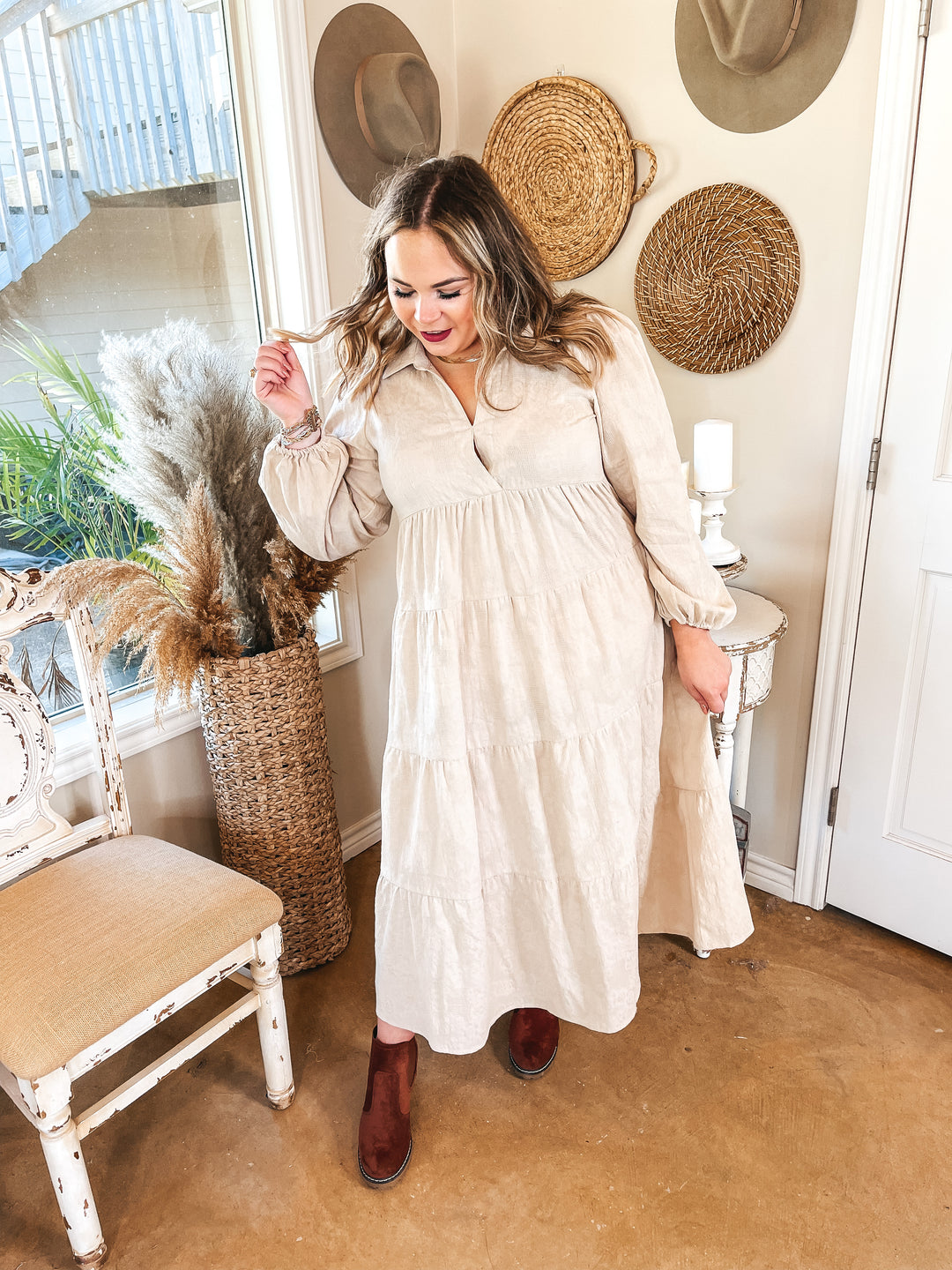 Sweet Glances Long Sleeve Tiered Midi Dress in Stone - Giddy Up Glamour Boutique