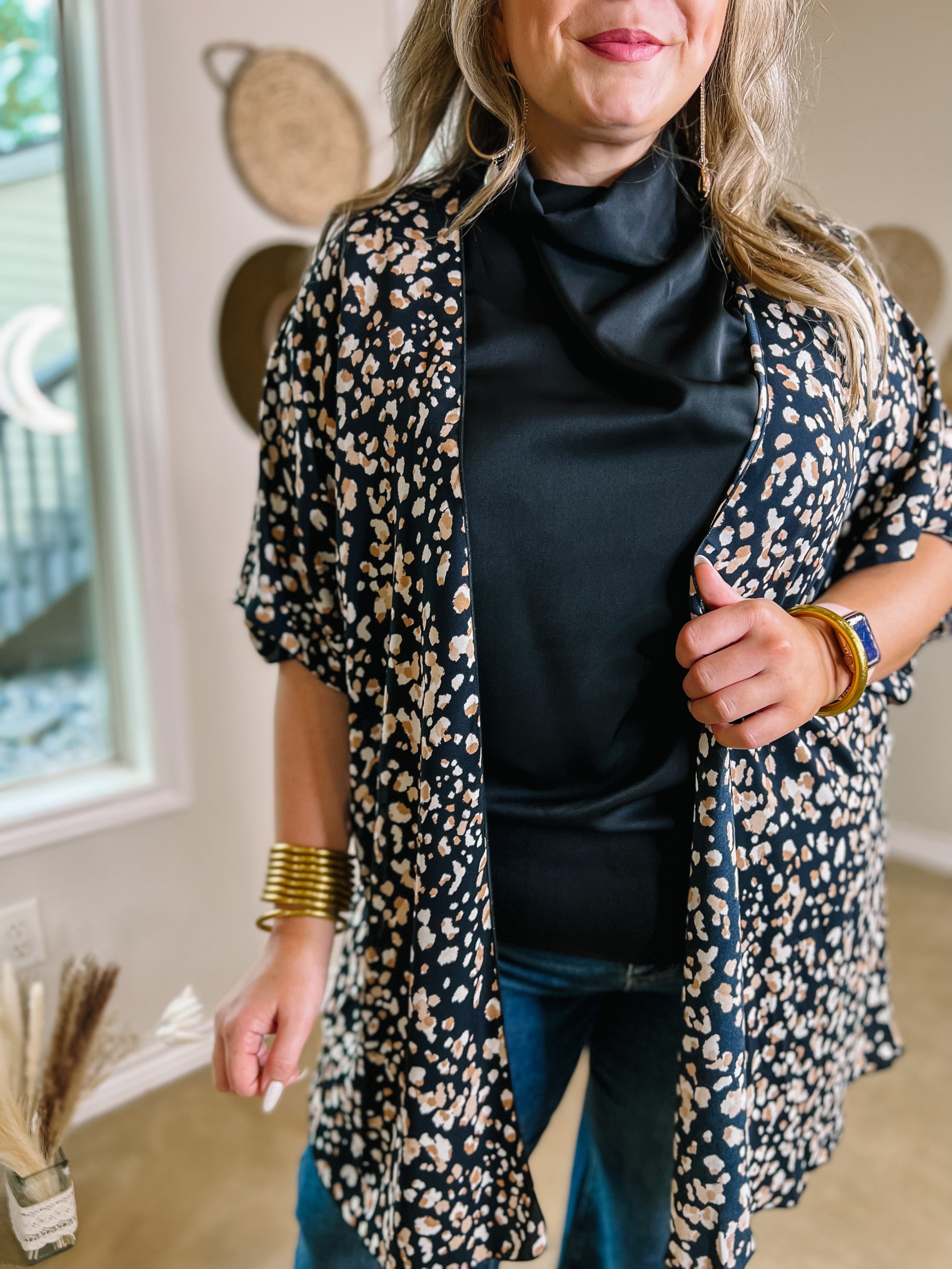 Chic State Leopard Print Kimono with Drop Sleeves in Black - Giddy Up Glamour Boutique