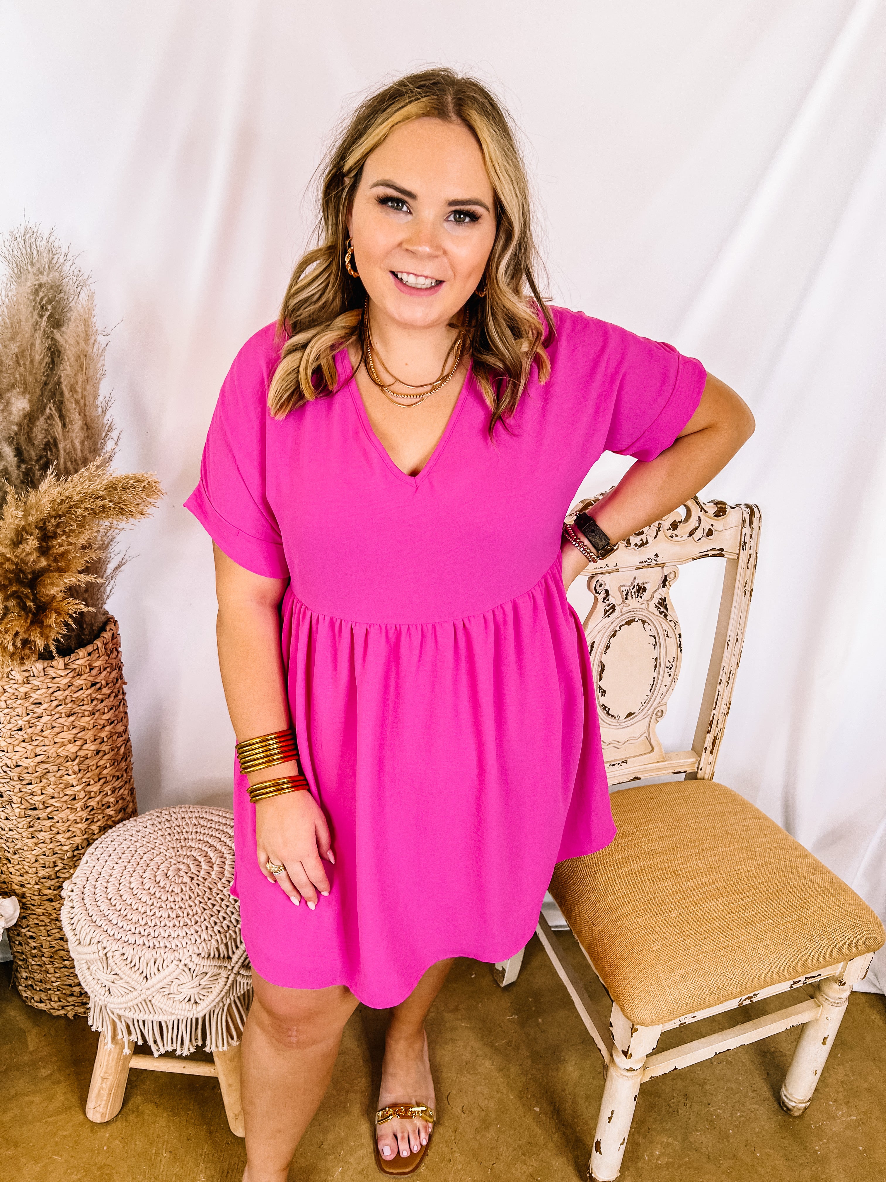 Touring the City V Neck Babydoll Dress in Fuchsia Pink - Giddy Up Glamour Boutique