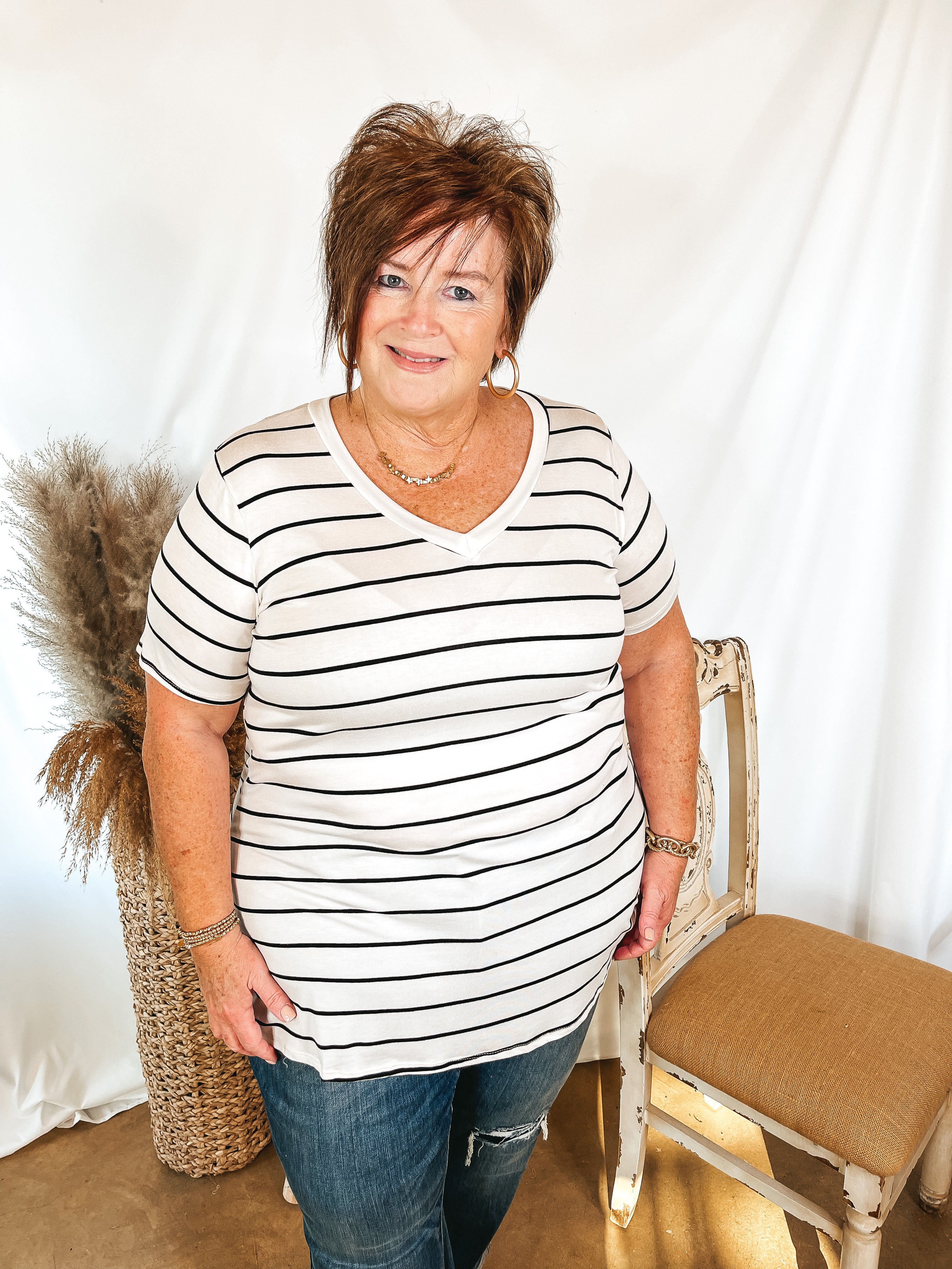 Keep Things Casual Striped V Neck Tee in Ivory - Giddy Up Glamour Boutique