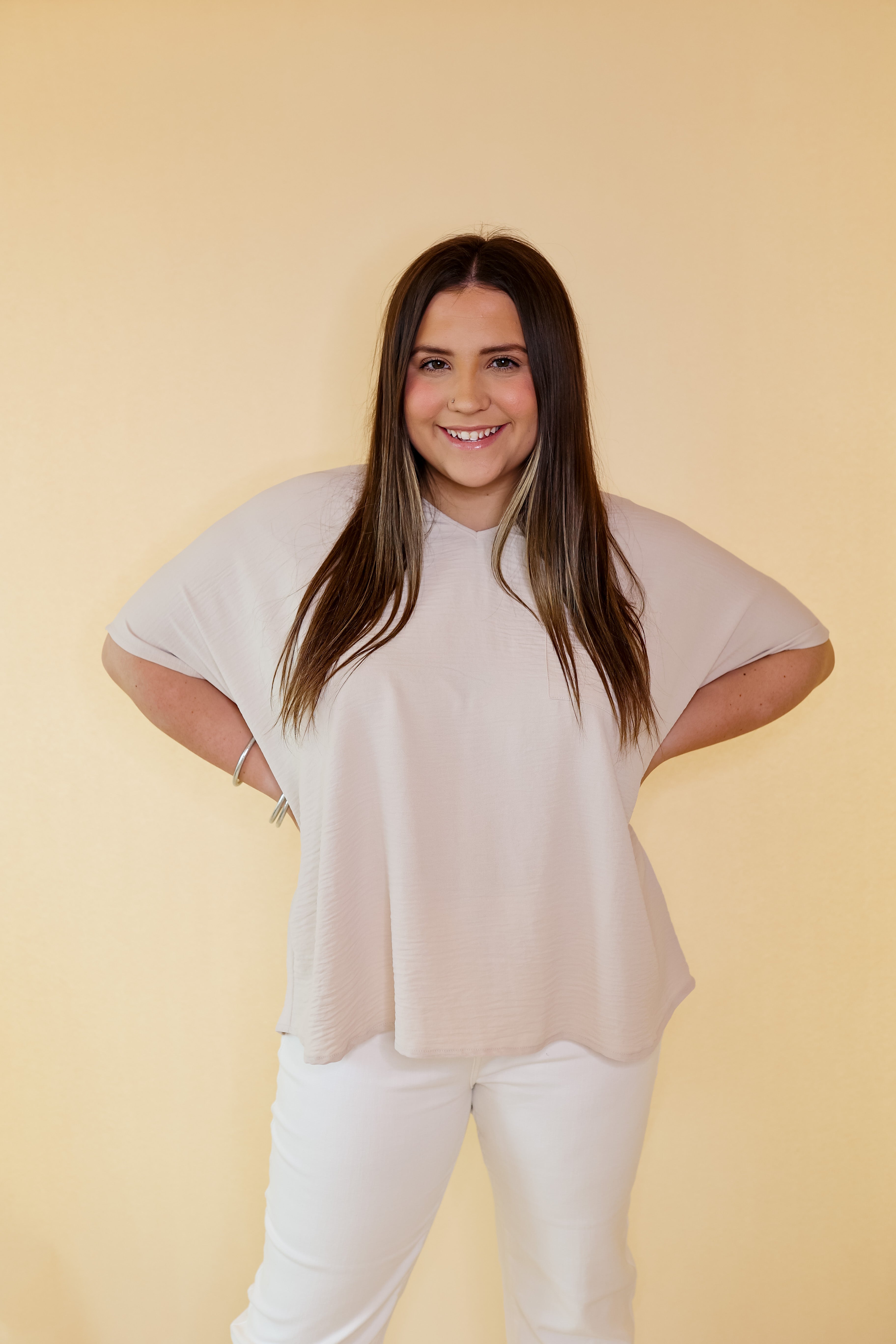 Try To Resist Short Sleeve V Neck Top with Front Pocket in Beige - Giddy Up Glamour Boutique