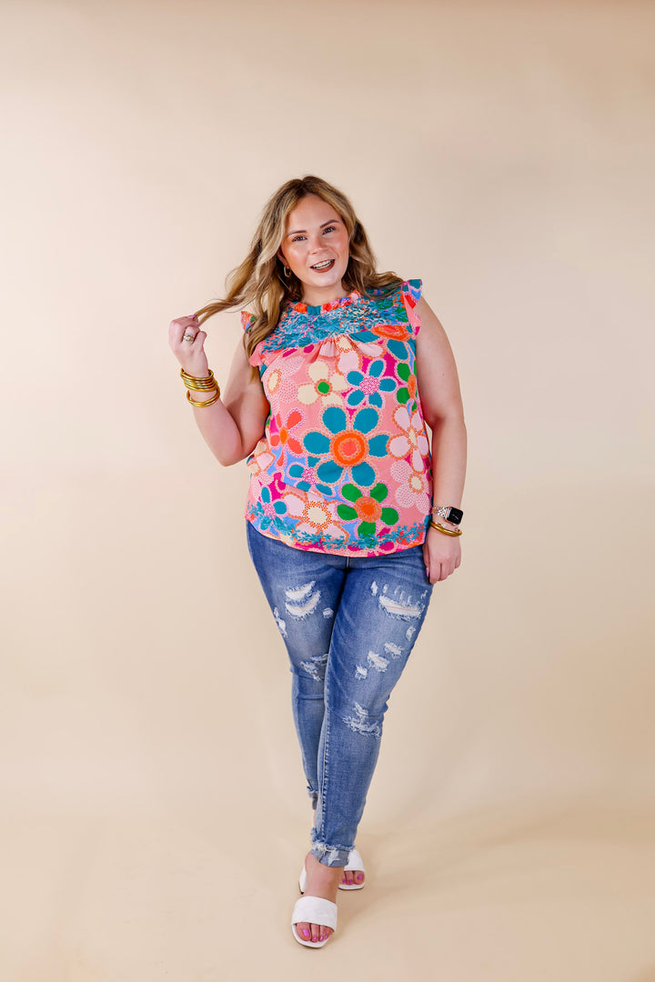 Timeless Treasure Floral Print Top with Ruffle Cap Sleeves and Turquoise Embroidery in Coral Pink - Giddy Up Glamour Boutique