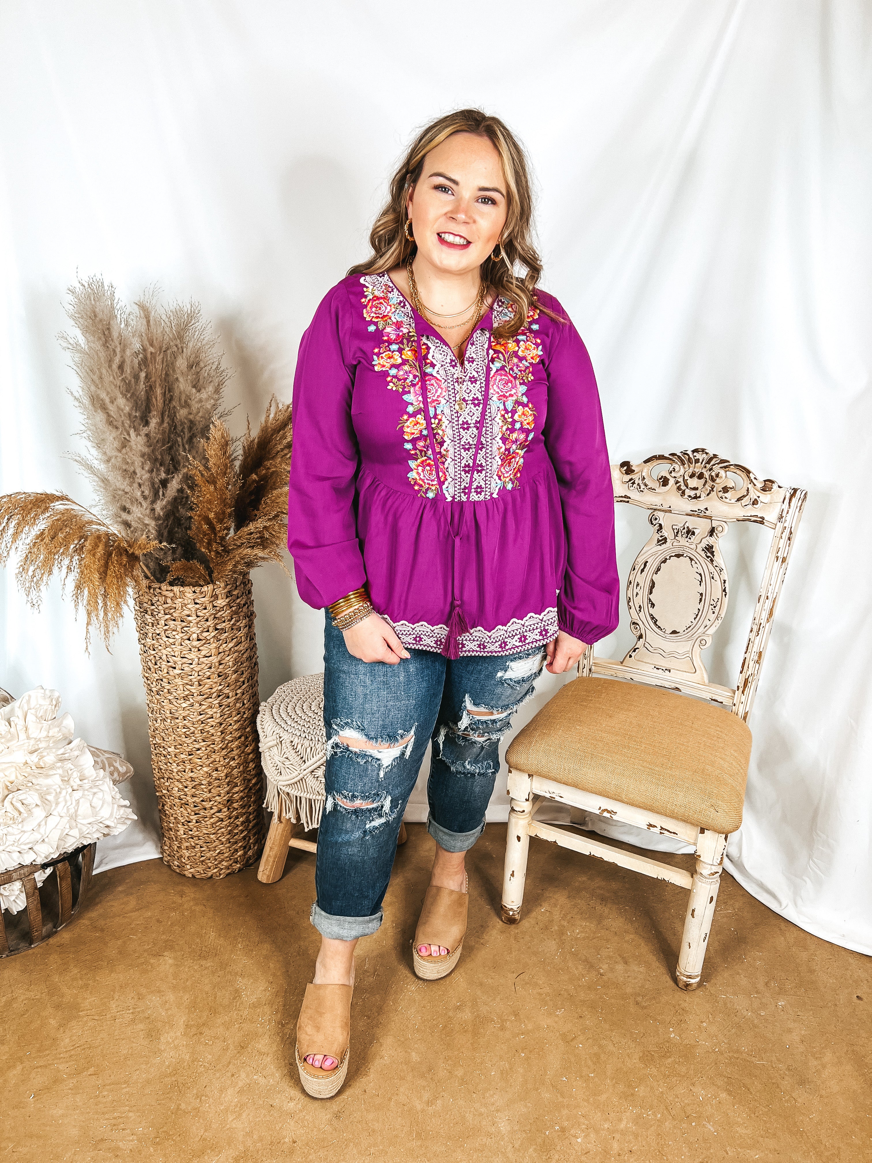 Stuck In A Daydream Long Sleeve Keyhole Top with Floral Embroidery in Magenta Purple - Giddy Up Glamour Boutique