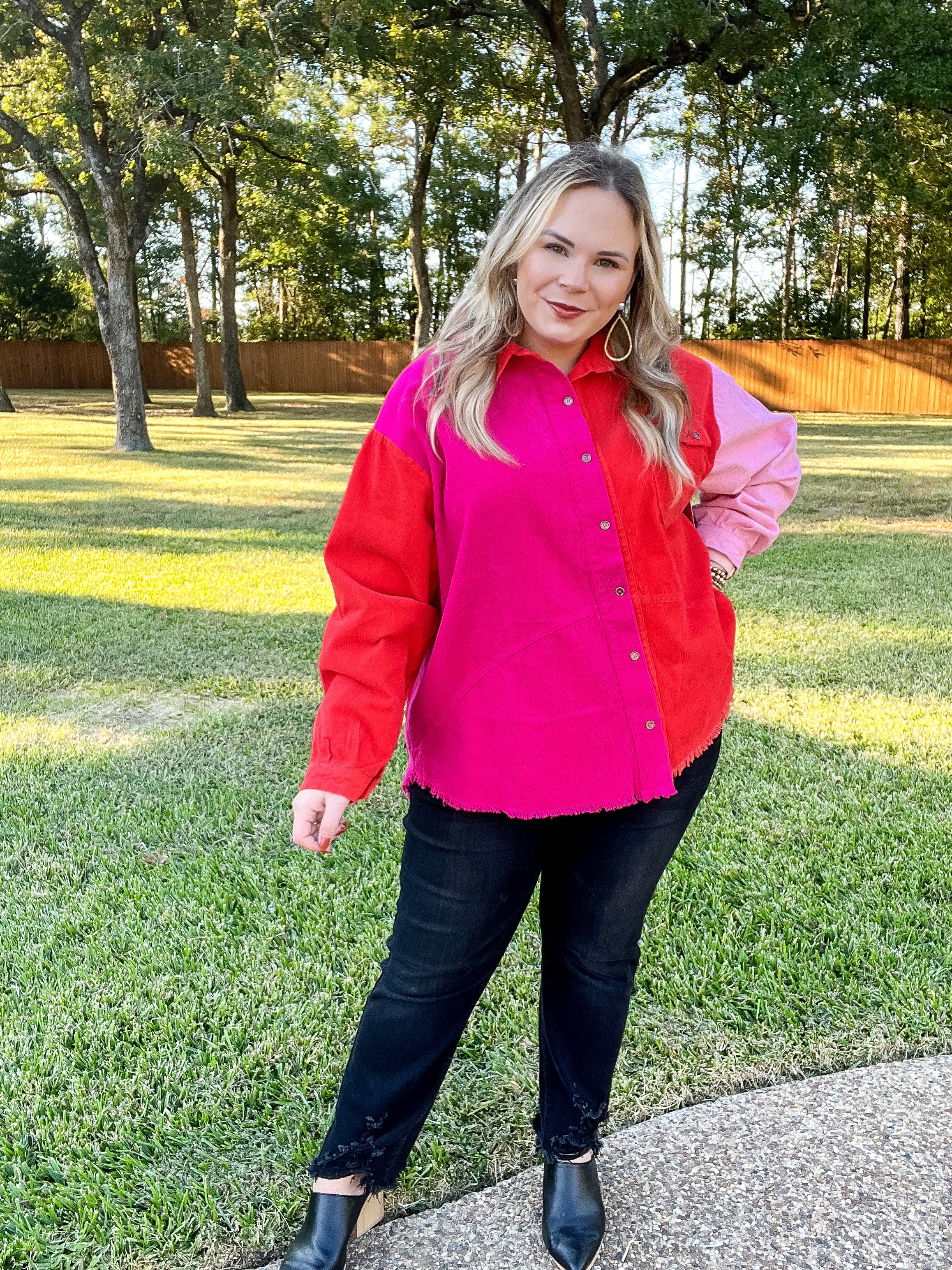 Down The Street Color Block Corduroy Jacket in Pink and Red - Giddy Up Glamour Boutique