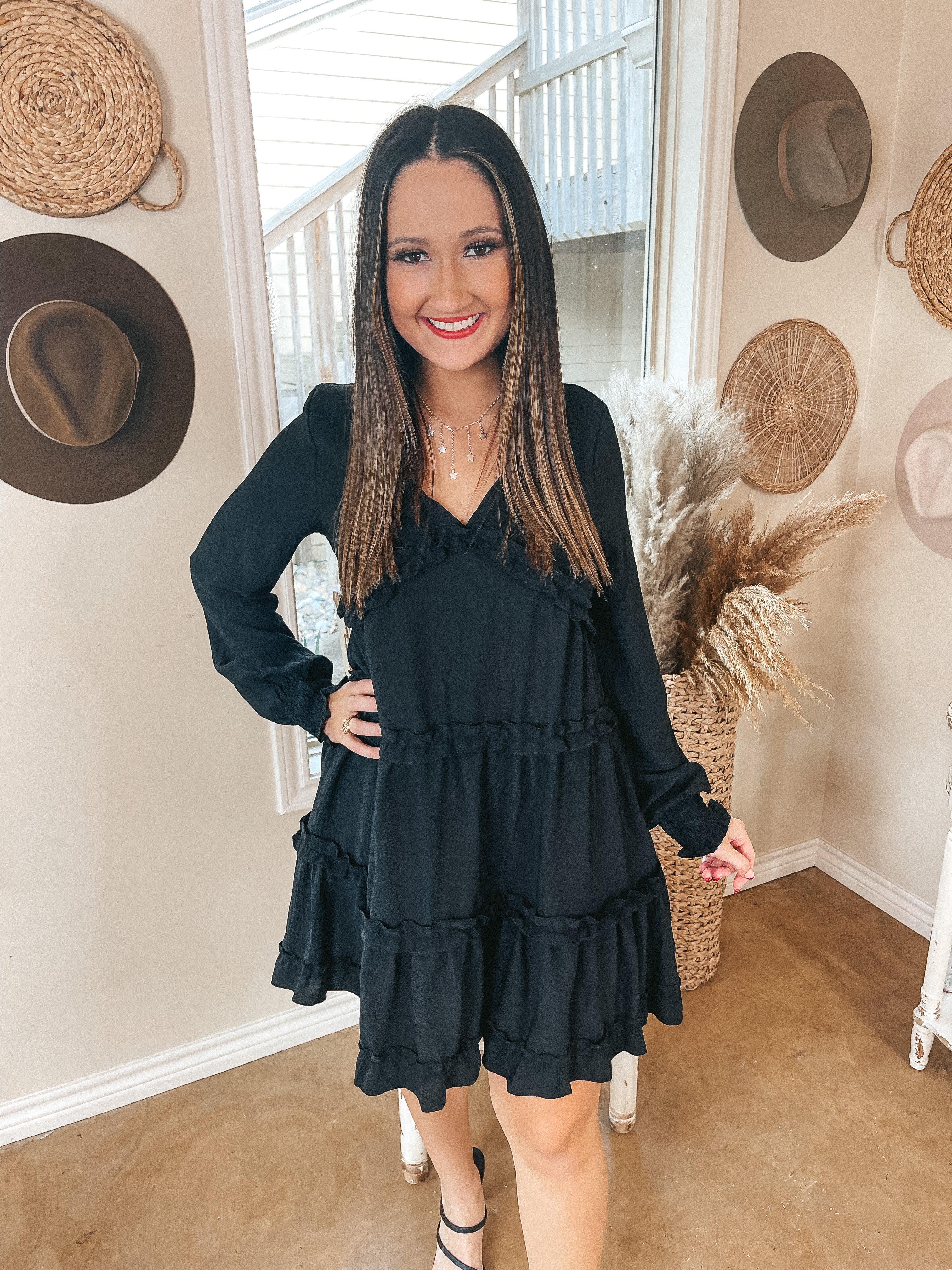 Joyous Afternoon Ruffle Detailed V Neck Dress with Long Sleeves in Black - Giddy Up Glamour Boutique