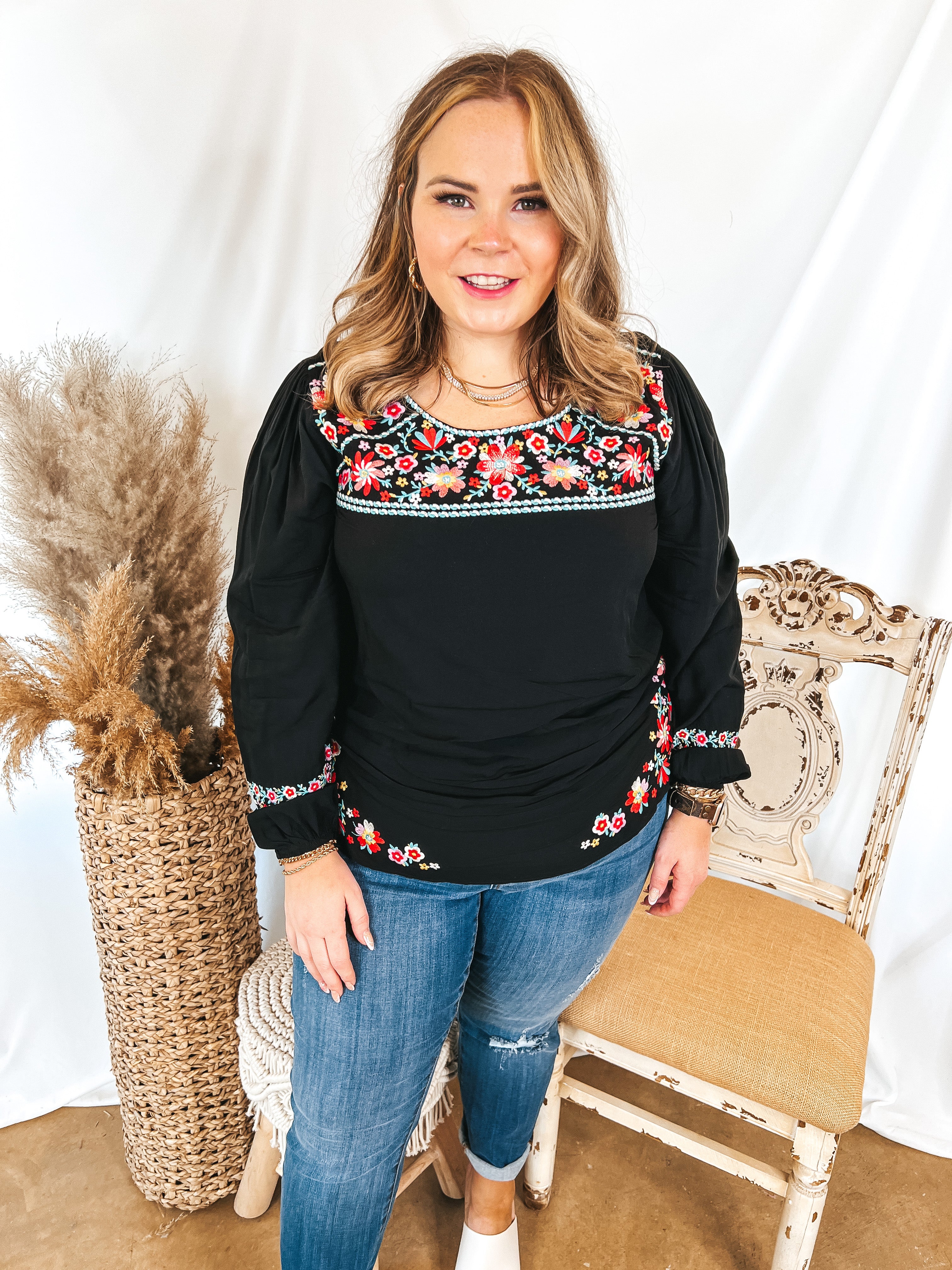 Sunny Sweetheart Floral Embroidered Long Sleeve Top in Black - Giddy Up Glamour Boutique