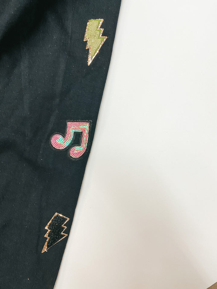 Nashville Lights Chenille and Sequin Patch Graphic Sweatshirt in Black - Giddy Up Glamour Boutique