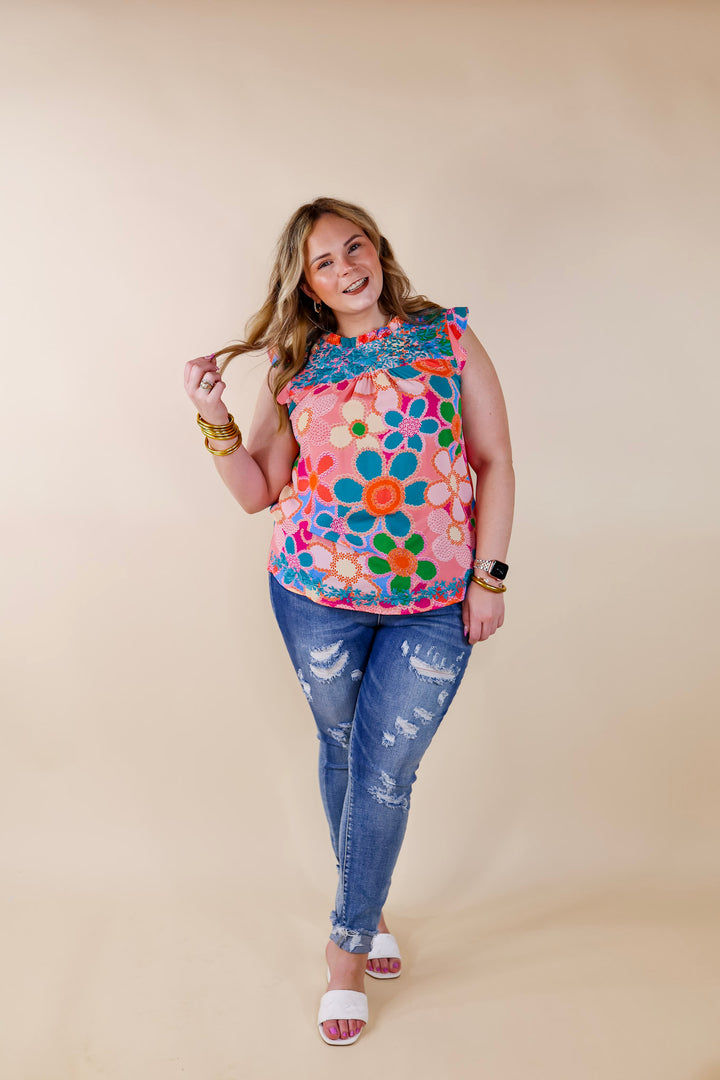 Timeless Treasure Floral Print Top with Ruffle Cap Sleeves and Turquoise Embroidery in Coral Pink - Giddy Up Glamour Boutique
