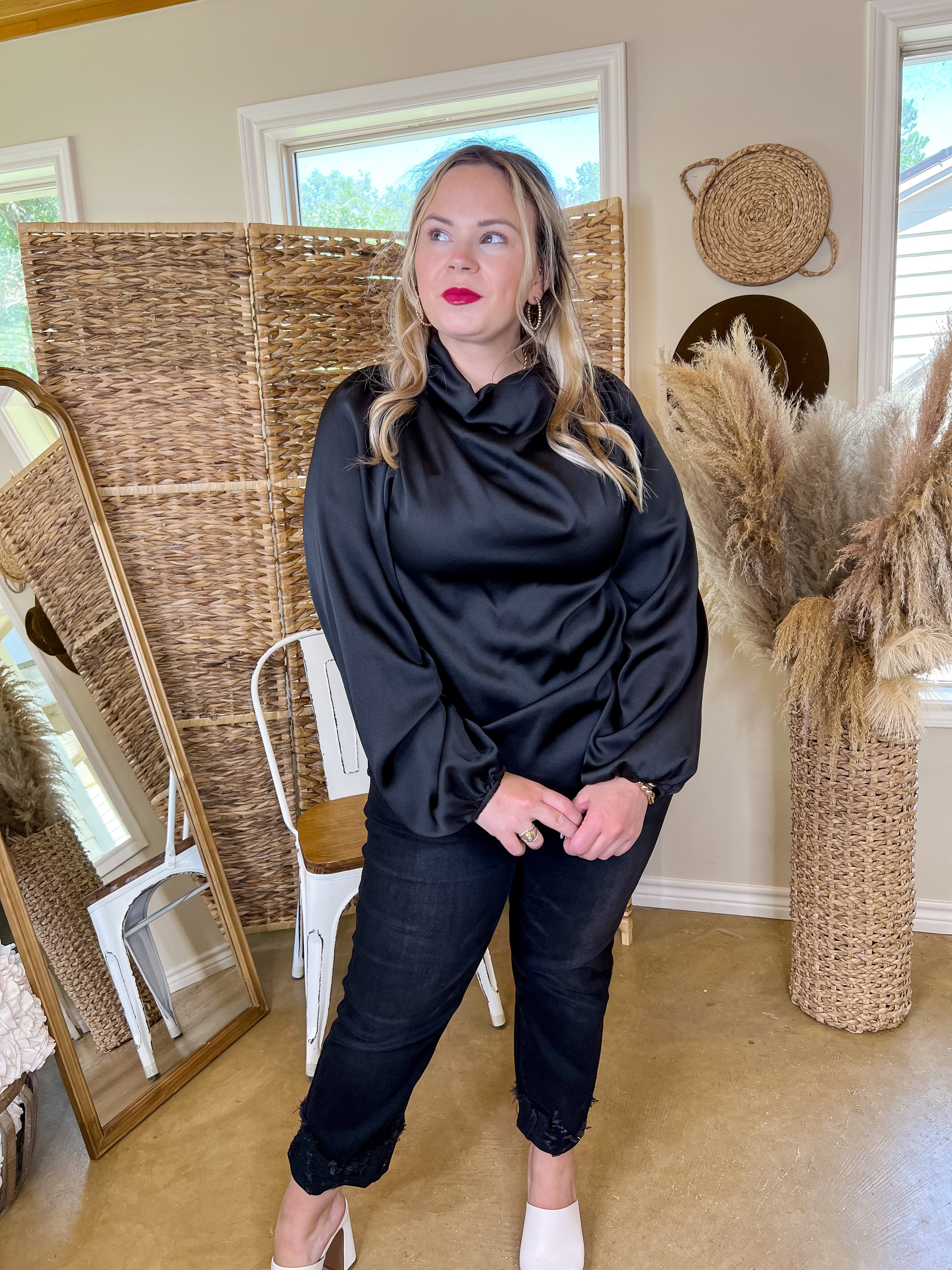 Afternoon in Asheville High Cowl Neck Long Sleeve Crepe Blouse in Black - Giddy Up Glamour Boutique