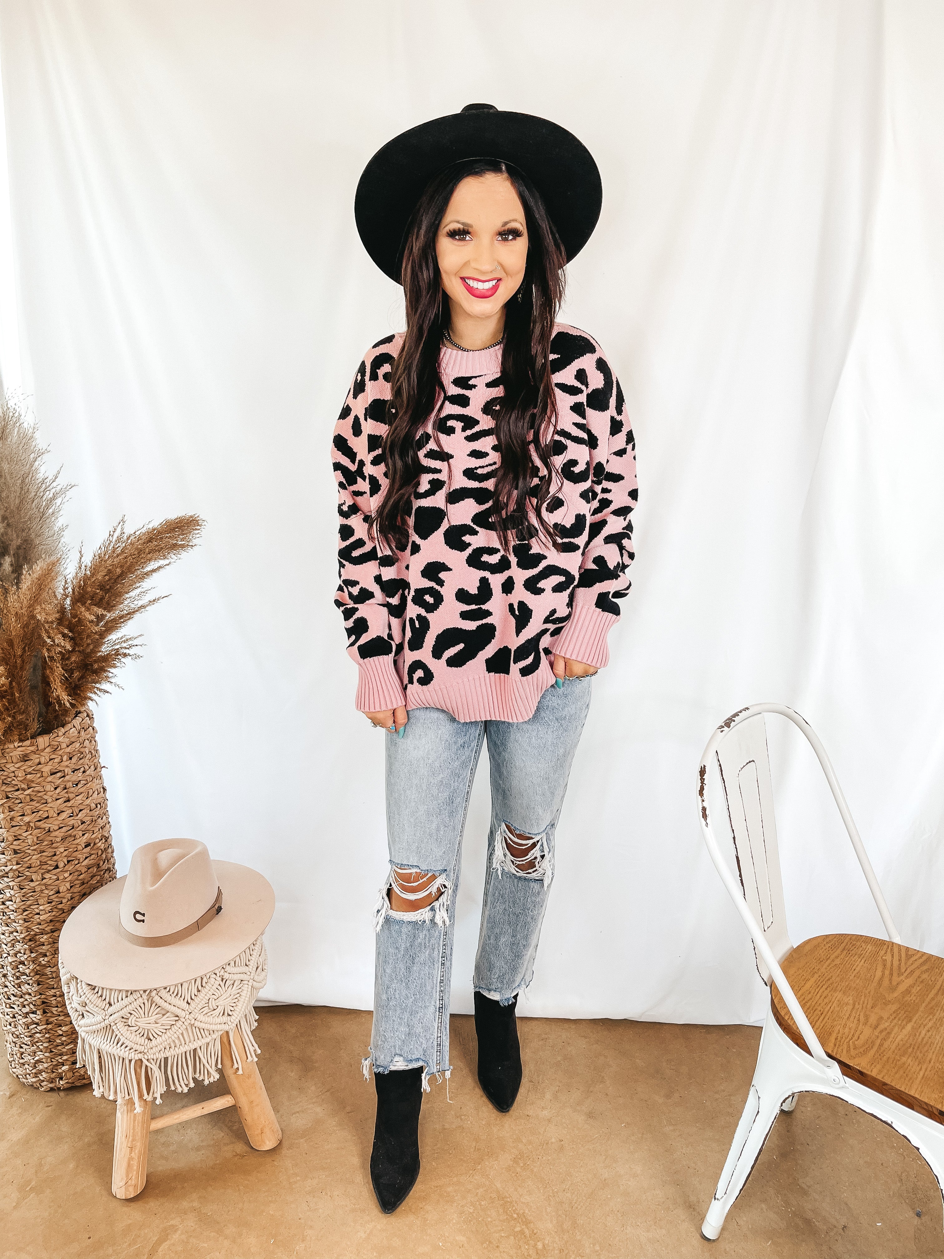 Cuffing Season Long Sleeve Leopard Sweater in Pink - Giddy Up Glamour Boutique