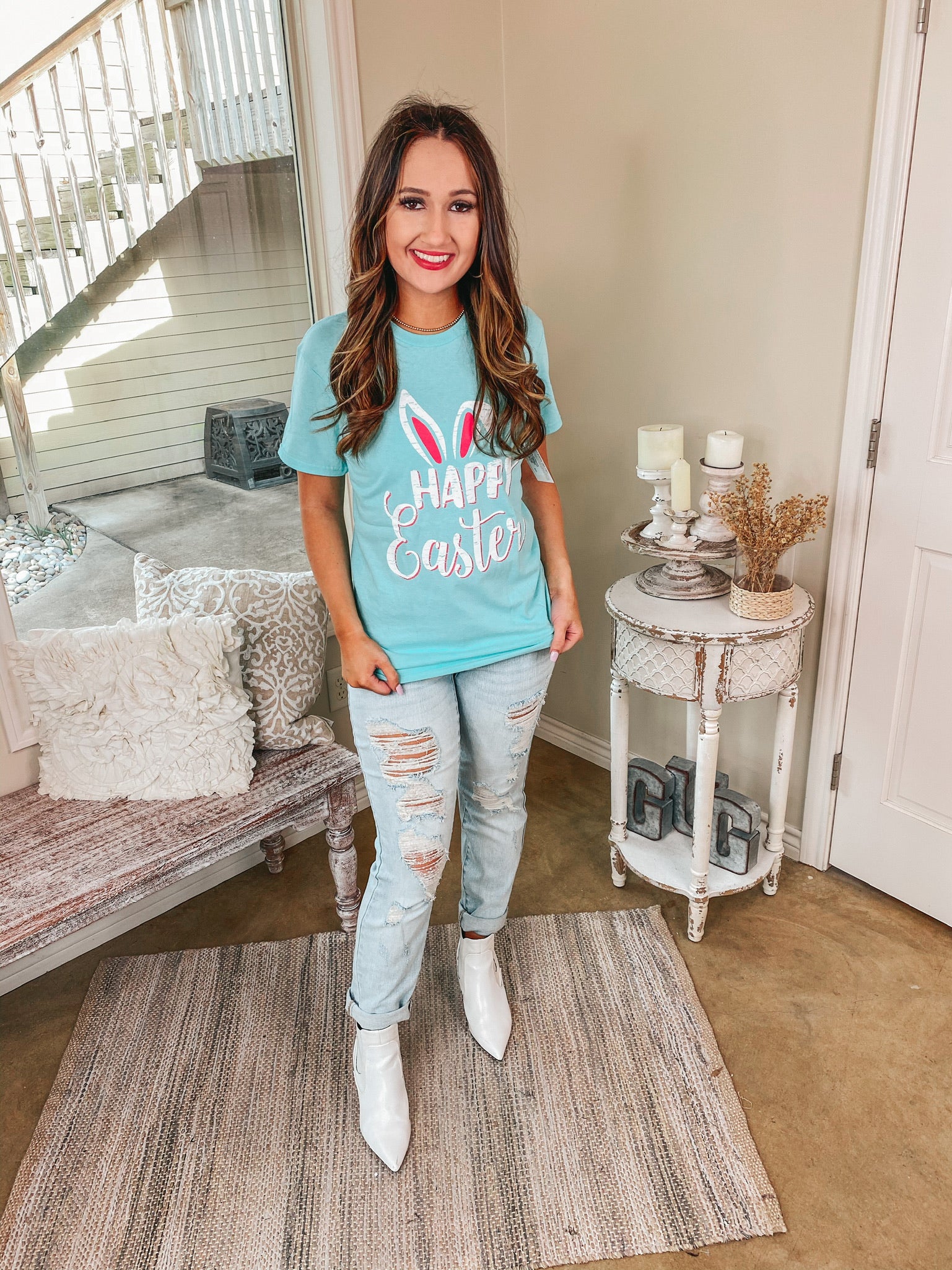 Happy Easter Bunny Ears Graphic Tee in Neon Mint - Giddy Up Glamour Boutique