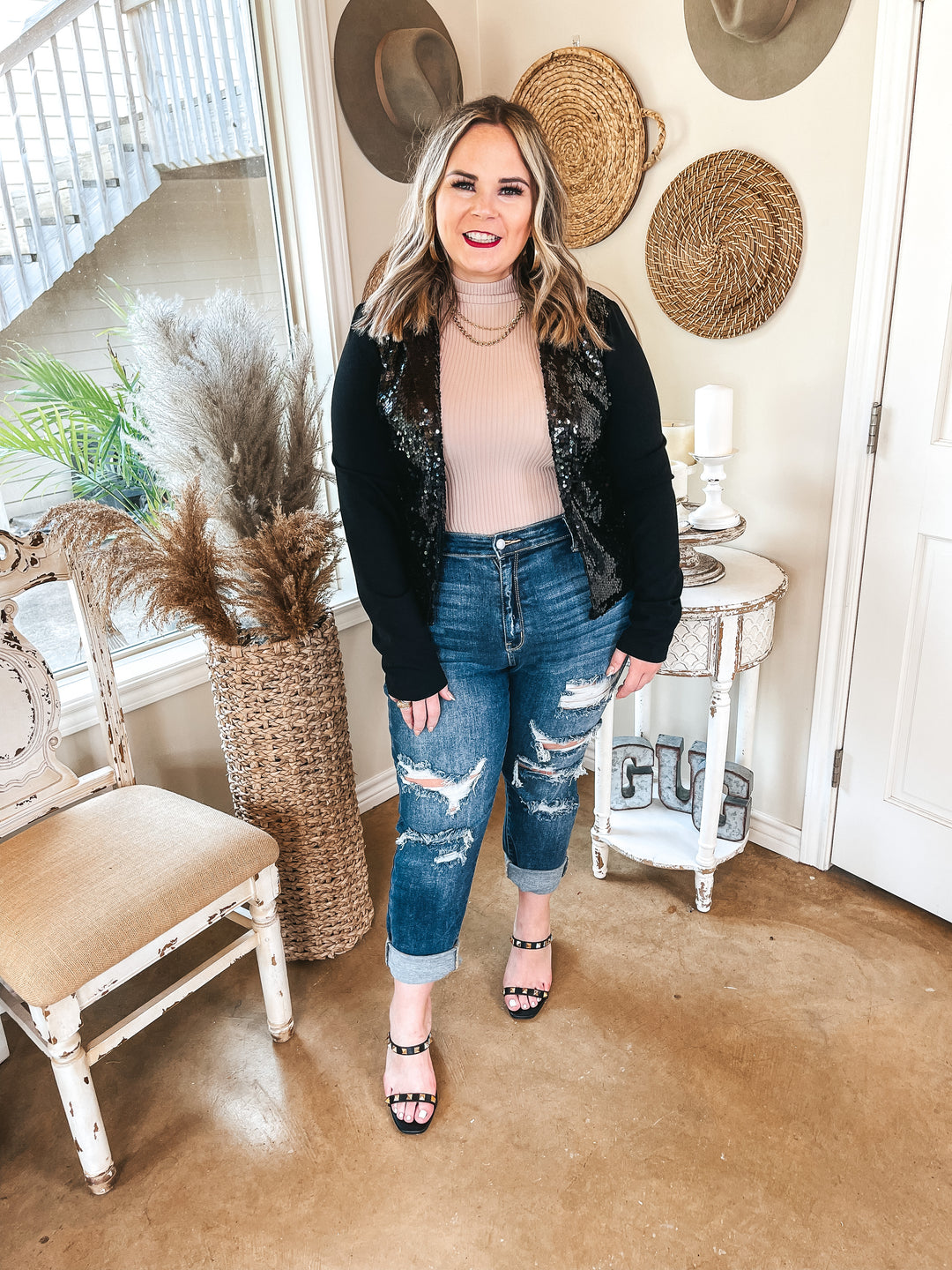 Dallas Skyline Sequin Front Blazer in Black - Giddy Up Glamour Boutique