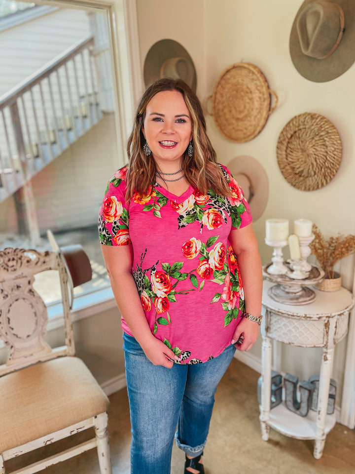 Last Chance Size Small | Keep Things Simple Floral and Leopard V Neck Tee in Fuchsia - Giddy Up Glamour Boutique