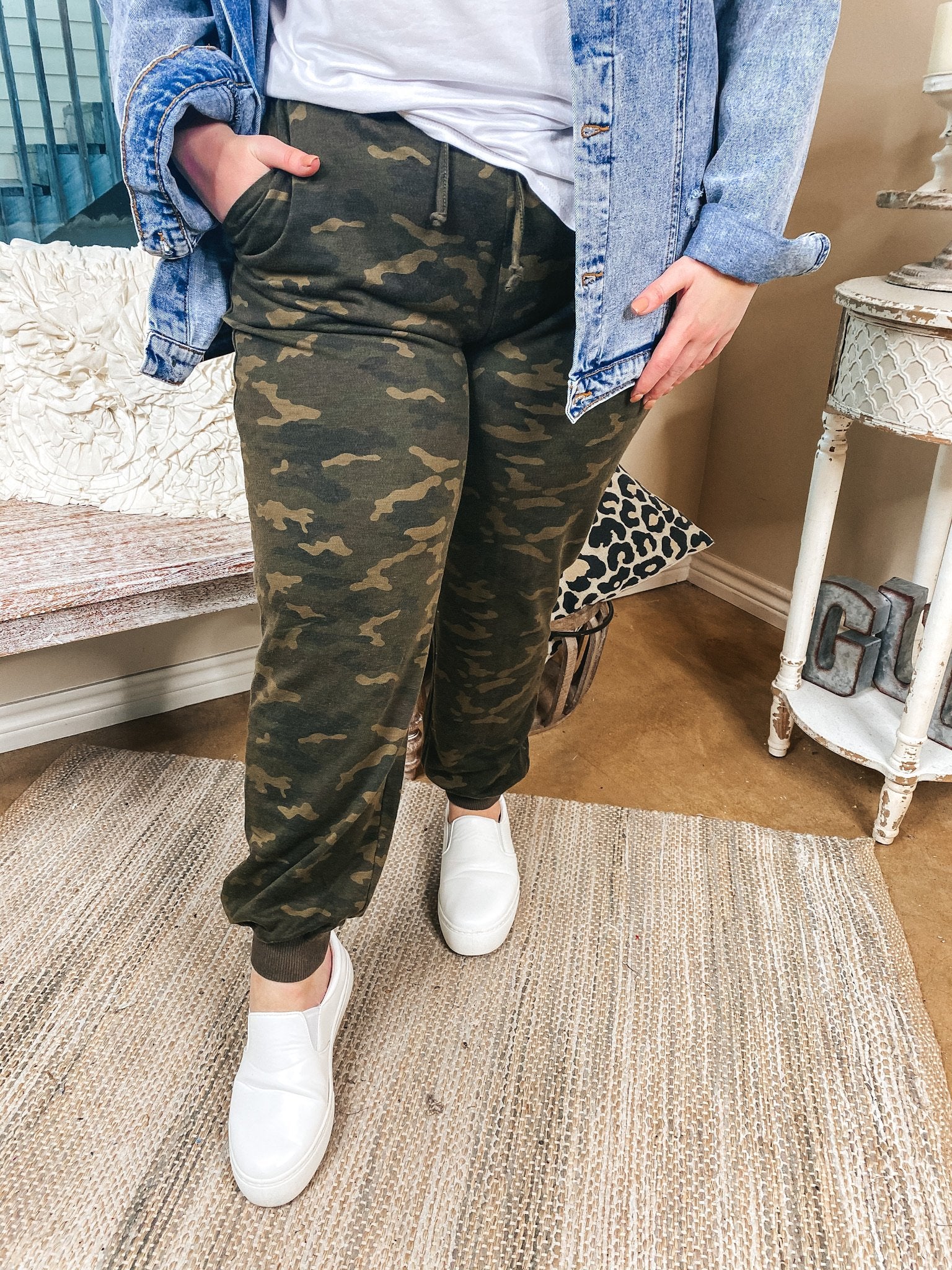 Too Cozy To Concentrate Drawstring Joggers with Pockets in Camouflage - Giddy Up Glamour Boutique