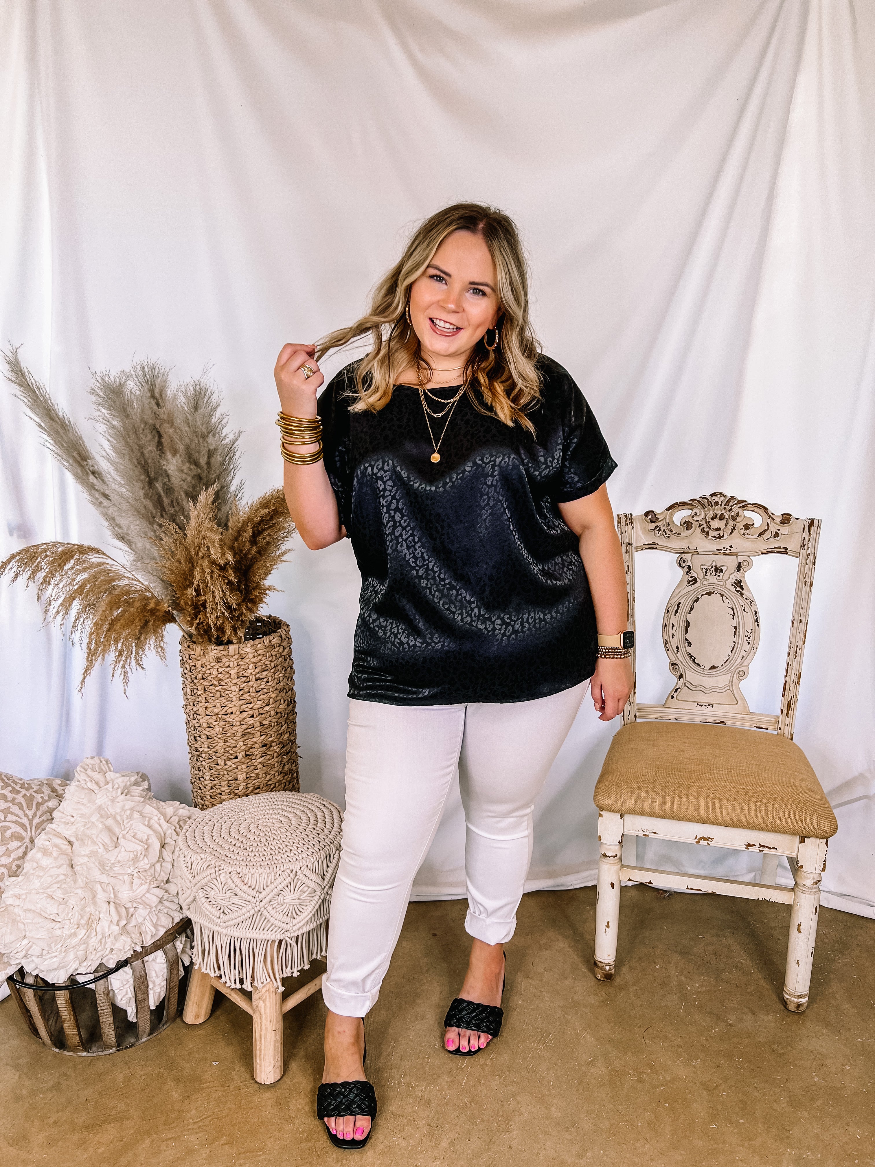 Complete Awe Short Sleeve Satin Leopard Print Top in Black - Giddy Up Glamour Boutique