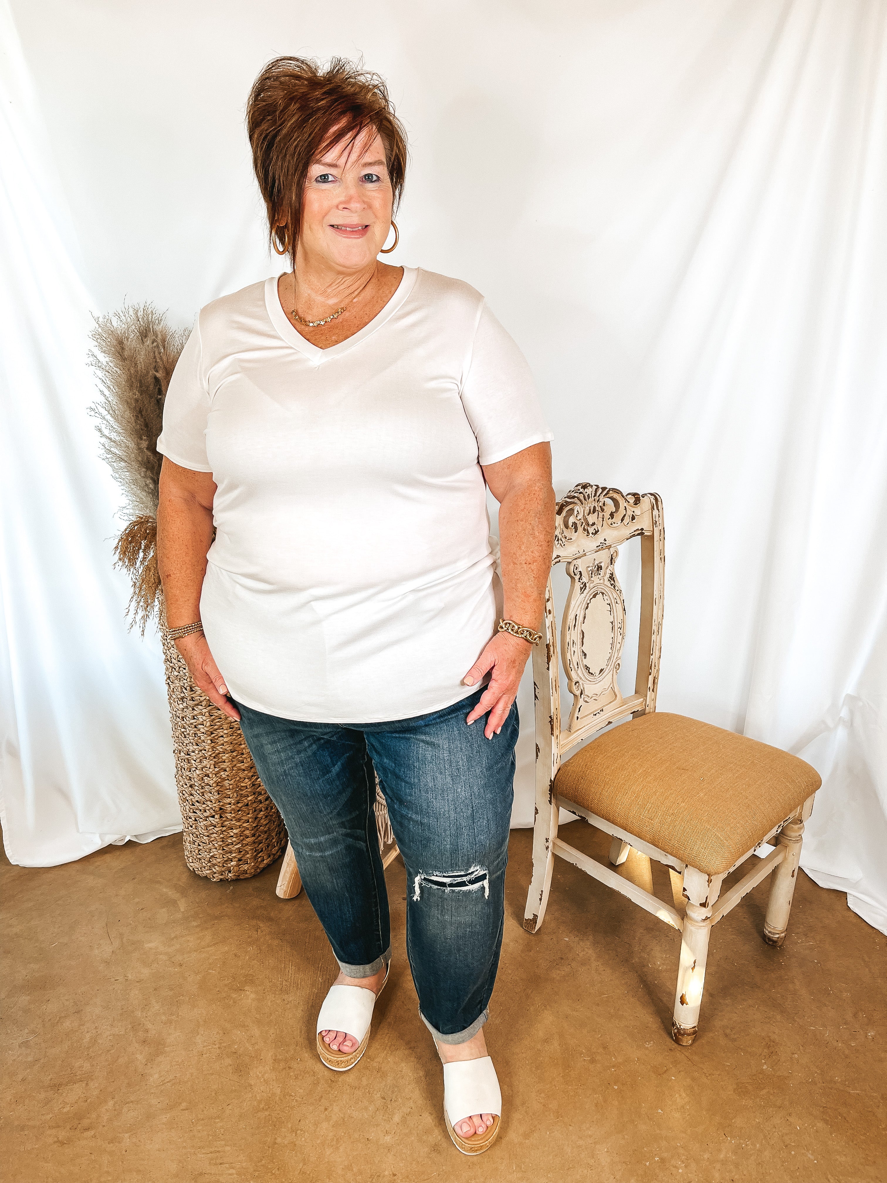 It's That Simple Solid V Neck Tee in Off White - Giddy Up Glamour Boutique