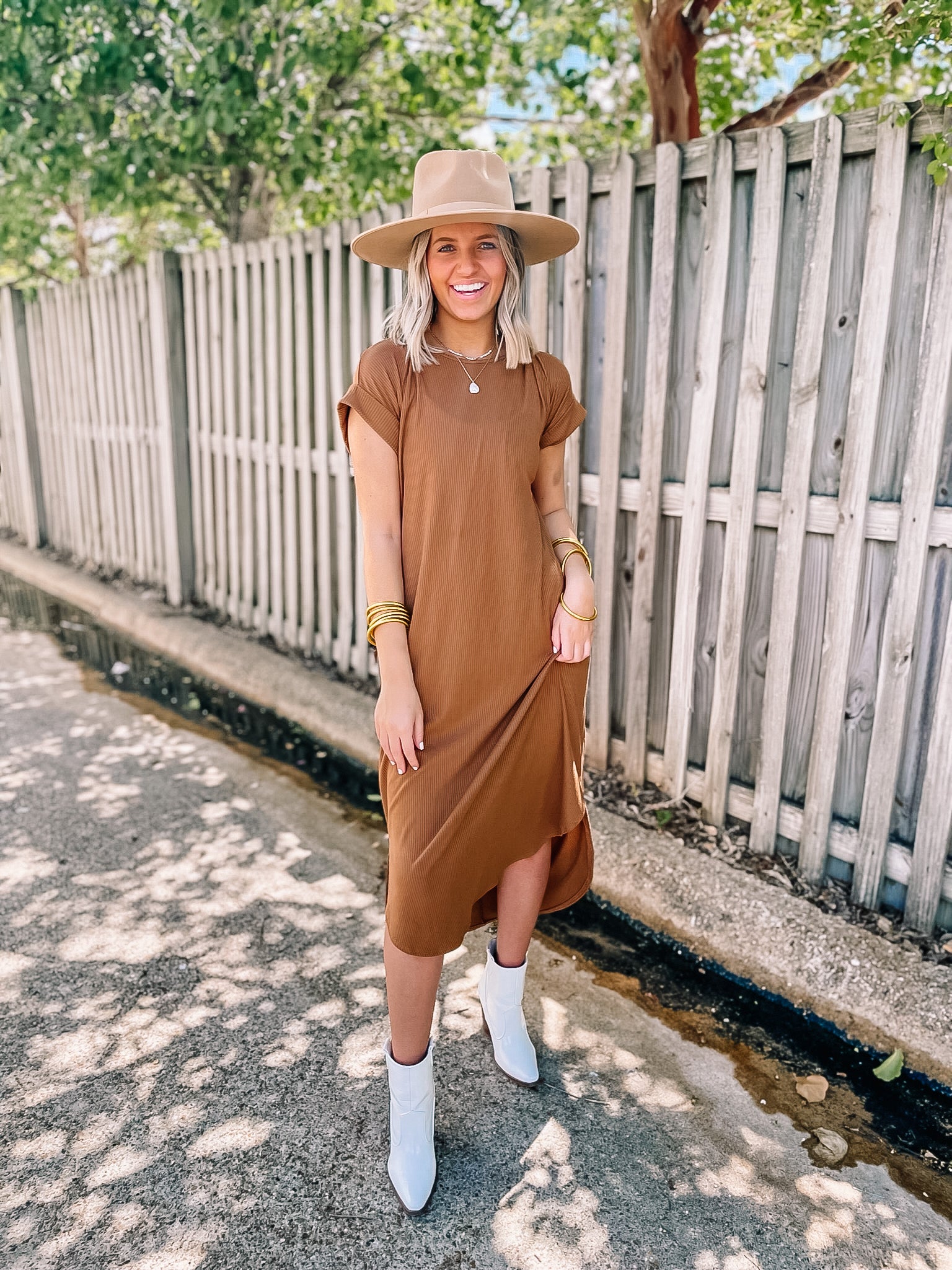 Chill Looks Short Sleeve Thin Ribbed Midi Dress in Caramel Brown - Giddy Up Glamour Boutique
