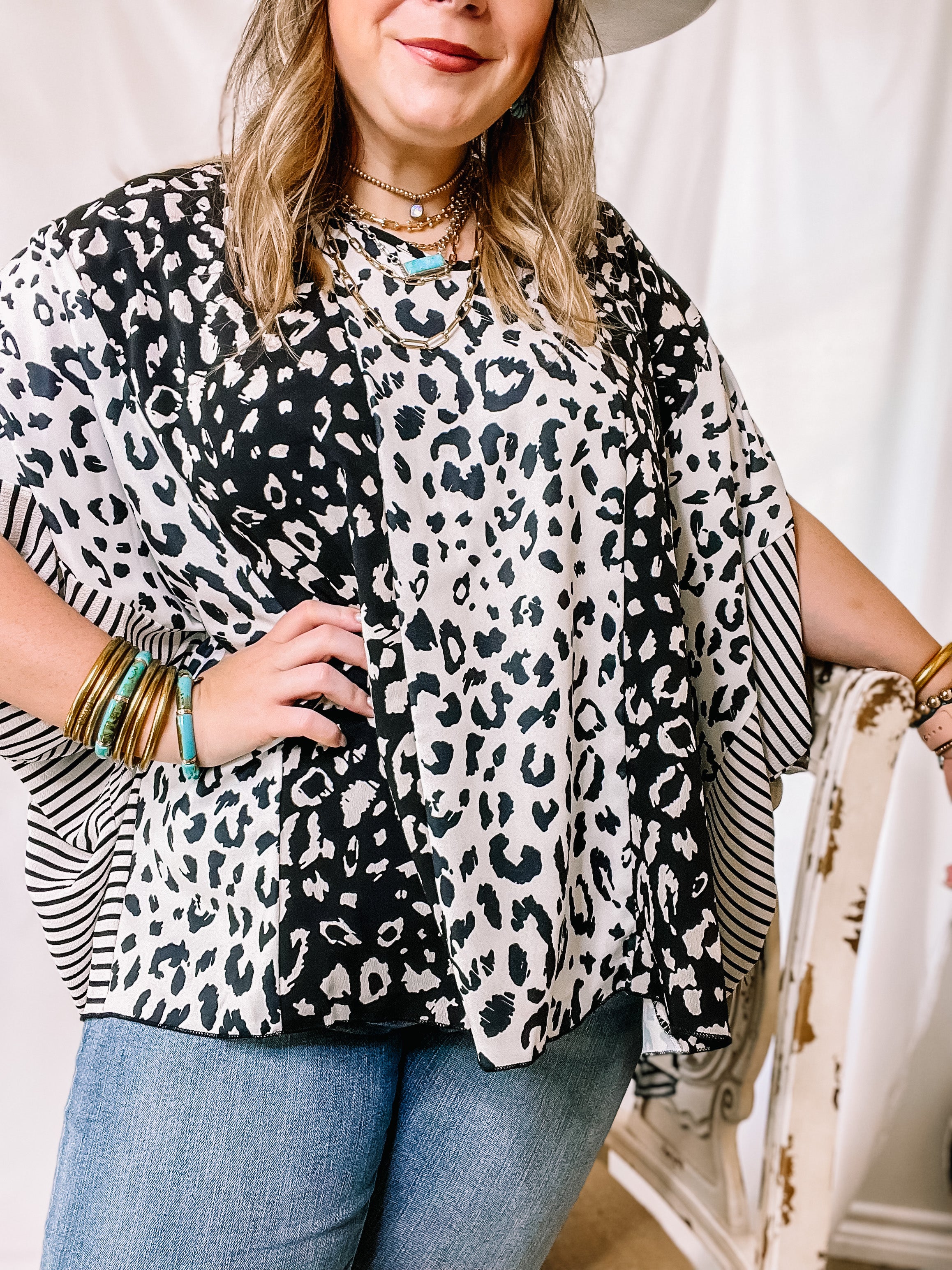 Pursue Your Passion Print Block Poncho Top in Black and White - Giddy Up Glamour Boutique