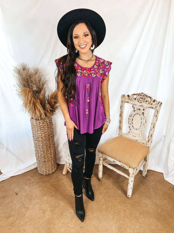 Lajitas Lady Floral Embroidered Babydoll Top in Purple - Giddy Up Glamour Boutique