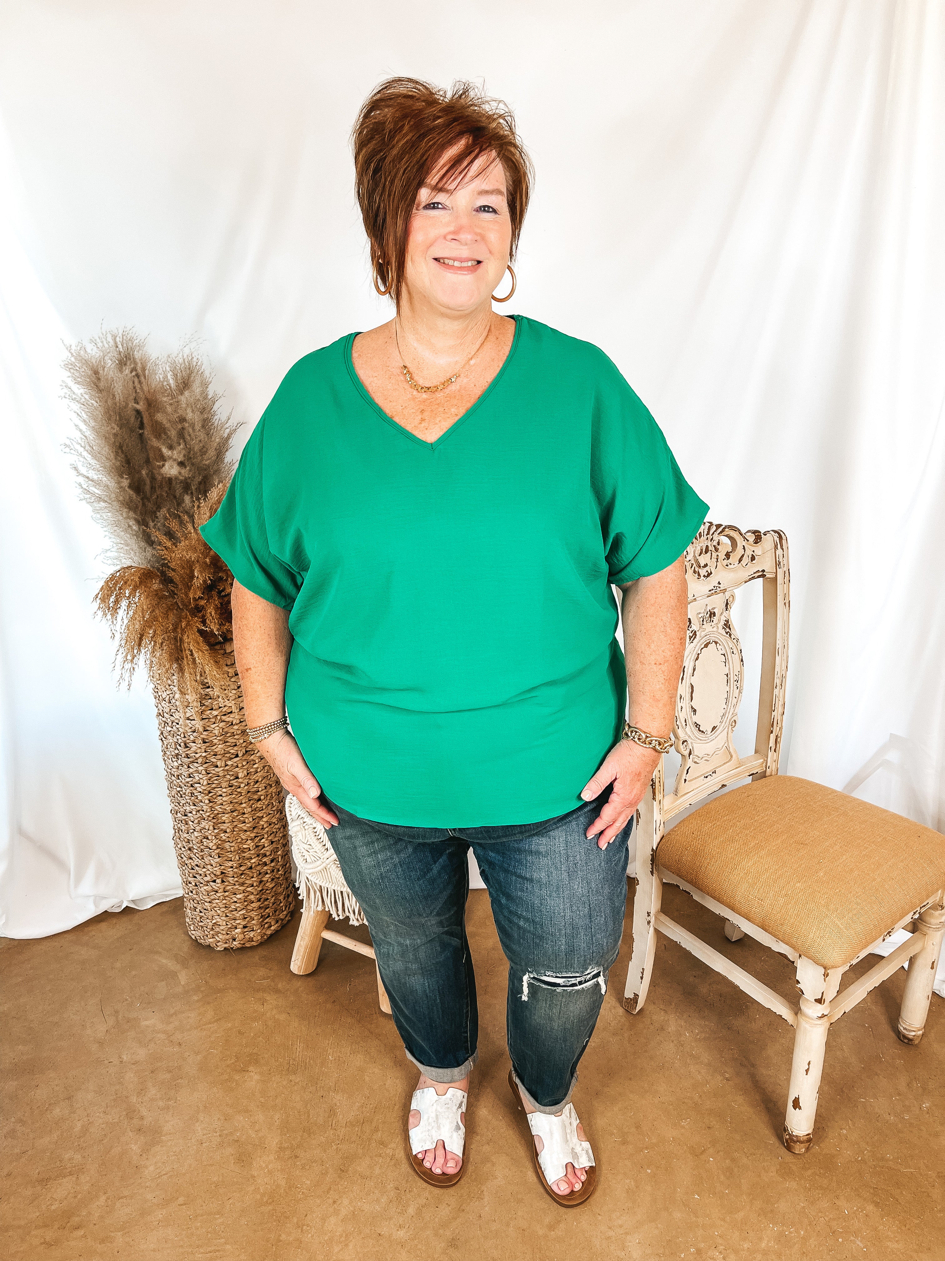 Lovely Dear V Neck Short Sleeve Solid Top in Green - Giddy Up Glamour Boutique