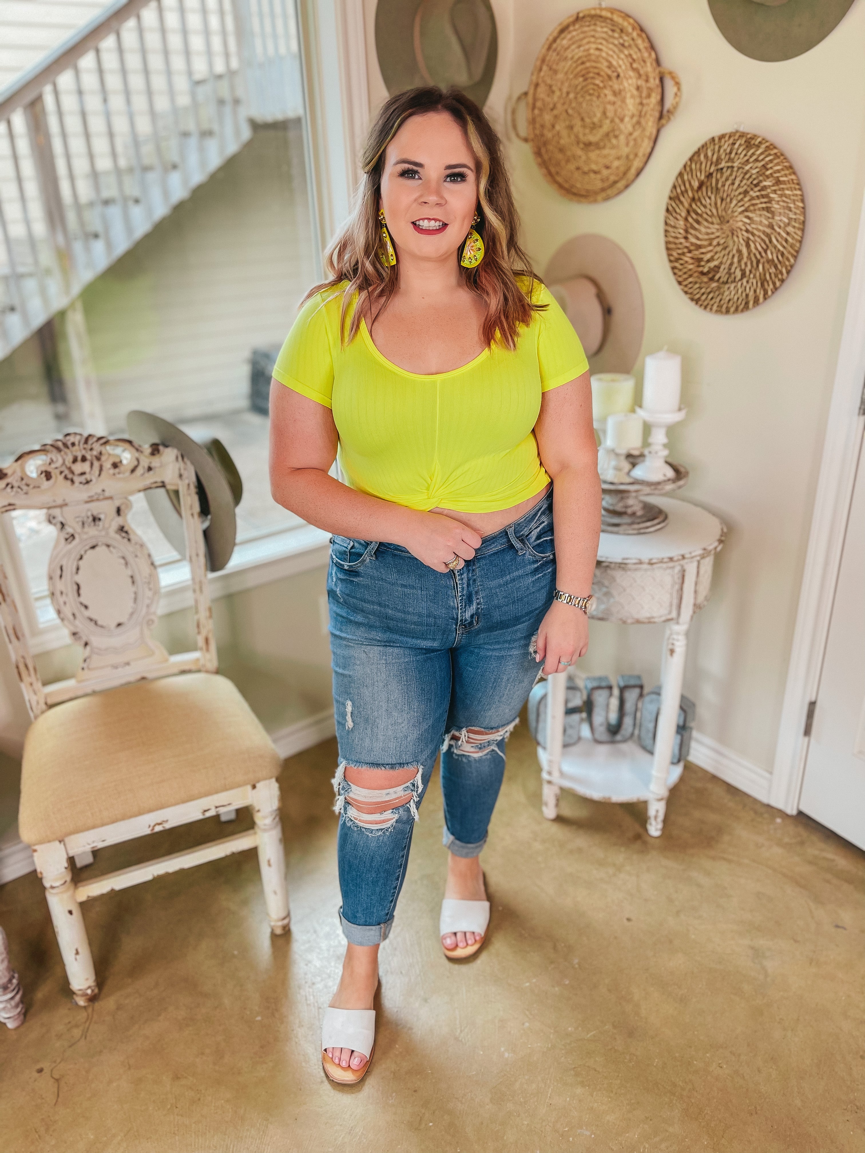You're So Cool Short Sleeve Front Knot Crop Top in Yellow - Giddy Up Glamour Boutique