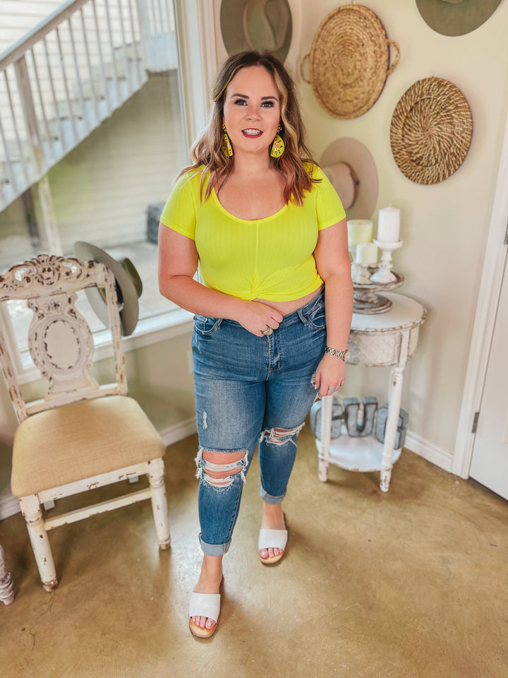 You're So Cool Short Sleeve Front Knot Crop Top in Yellow - Giddy Up Glamour Boutique