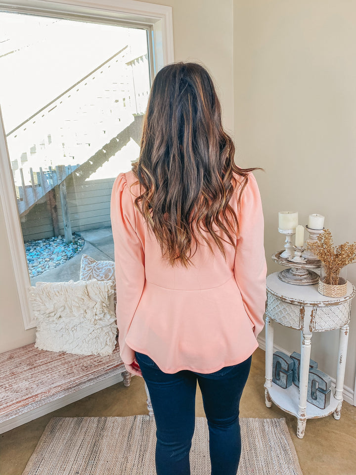Coffee Please Open Front Long Sleeve Peplum Blazer in Peach Pink - Giddy Up Glamour Boutique